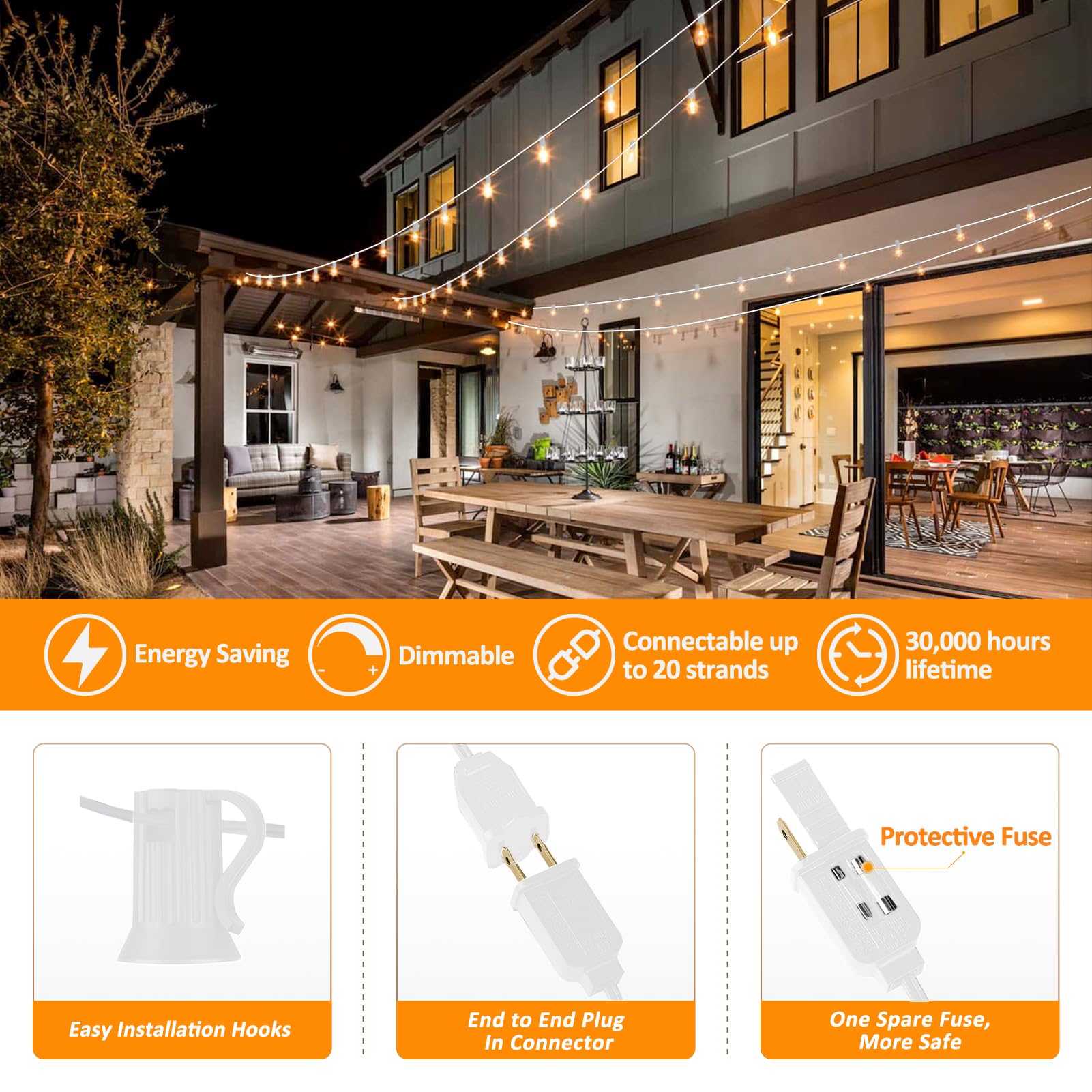 Achin Outdoor String Lights White 400Ft(100Ft*4) Patio Lights Outdoor Waterproof With 212 Led Bulbs(12 Spare) Shatterproof G40 G