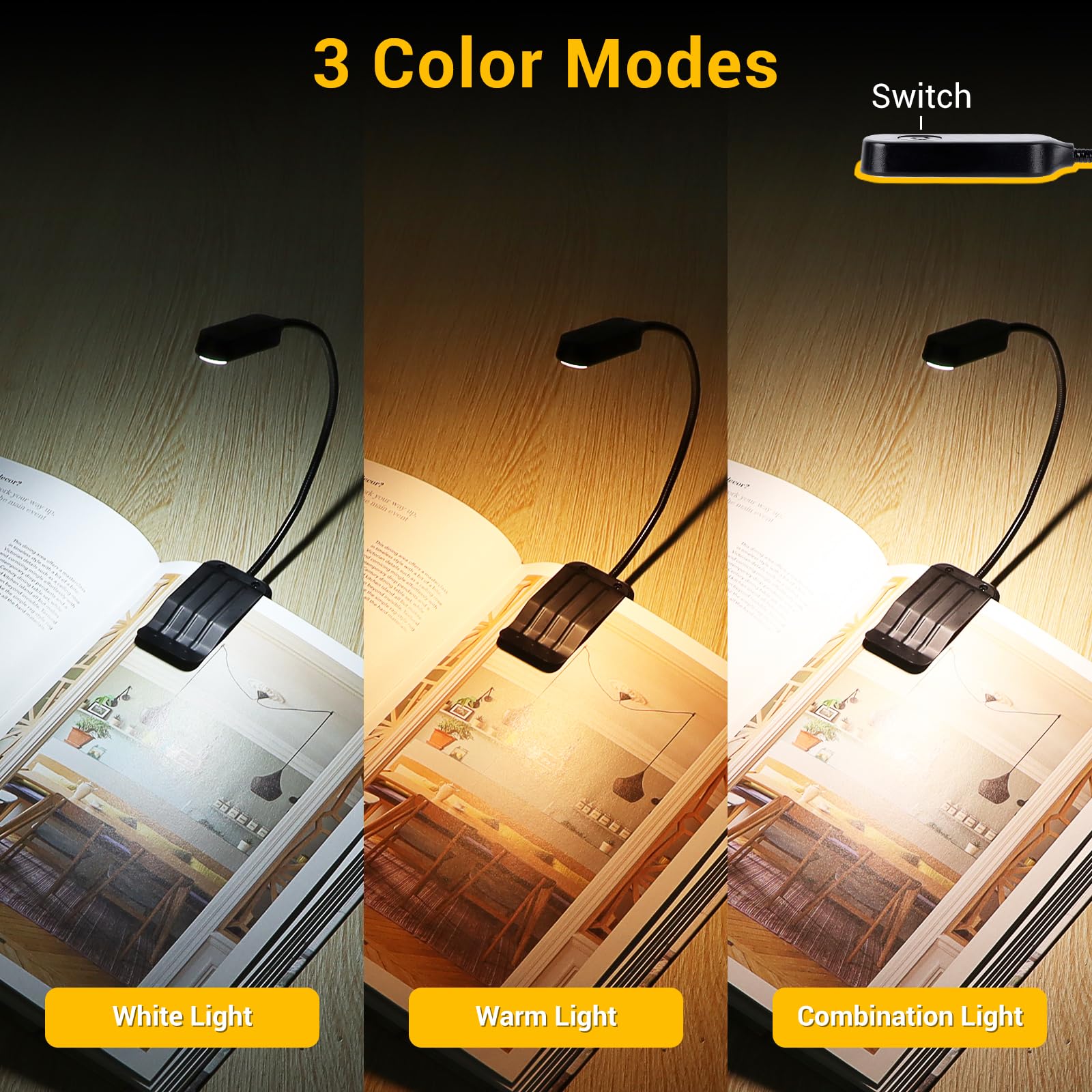Best World LED Book Light 2 Pack - Rechargeable, 3 Colors, 360° Flexible, Clip-on Night Light for Reading in Bed, Black, Model WLM310-BLA-1W
