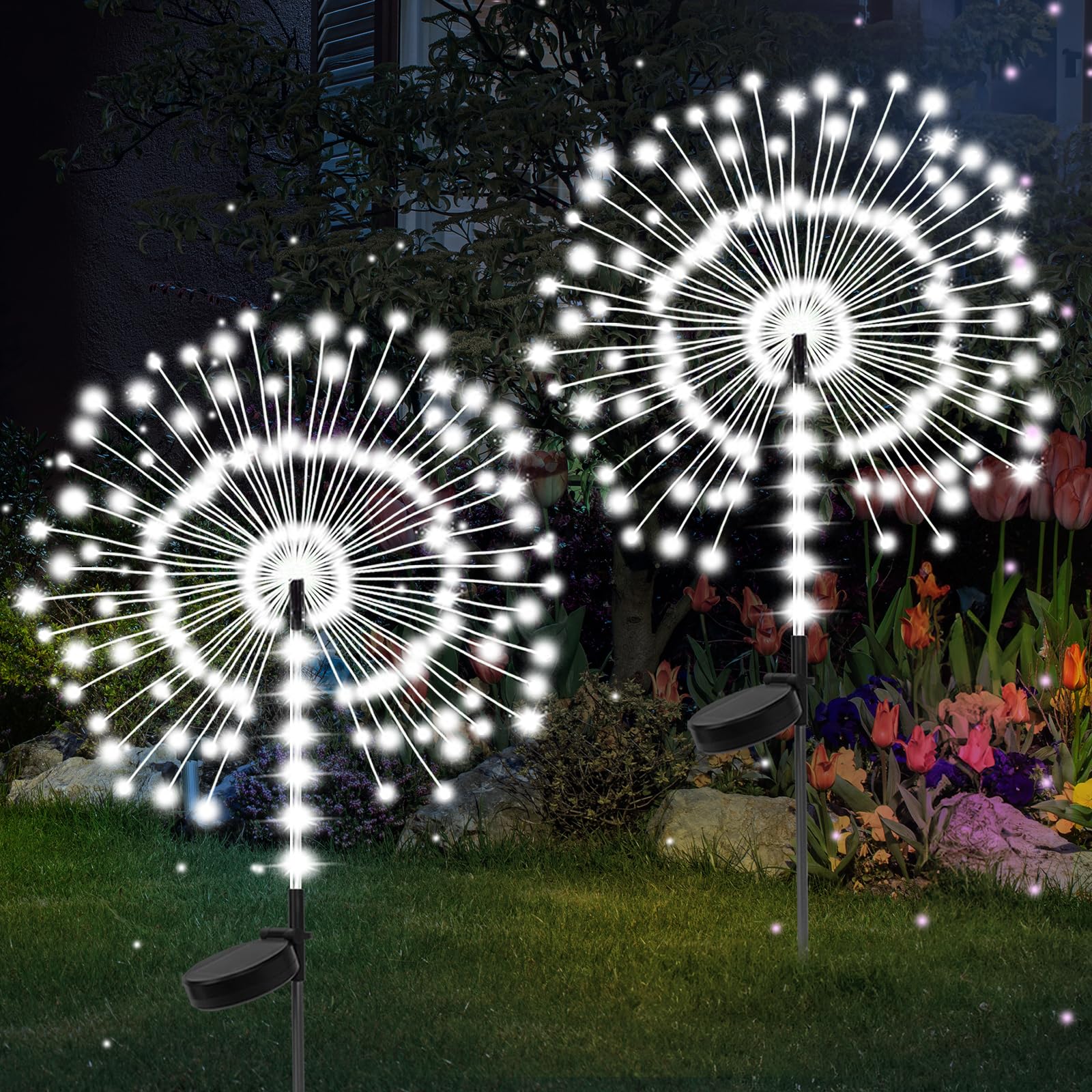 2 Pack 250LED Solar Garden Lights Outdoor  Dual Lighting Modes Firework Lights Solar Powered  Waterproof Twinkle Fairy Light Outside for Yard Patio Pathway Christmas Party Decorative(Cool White)
