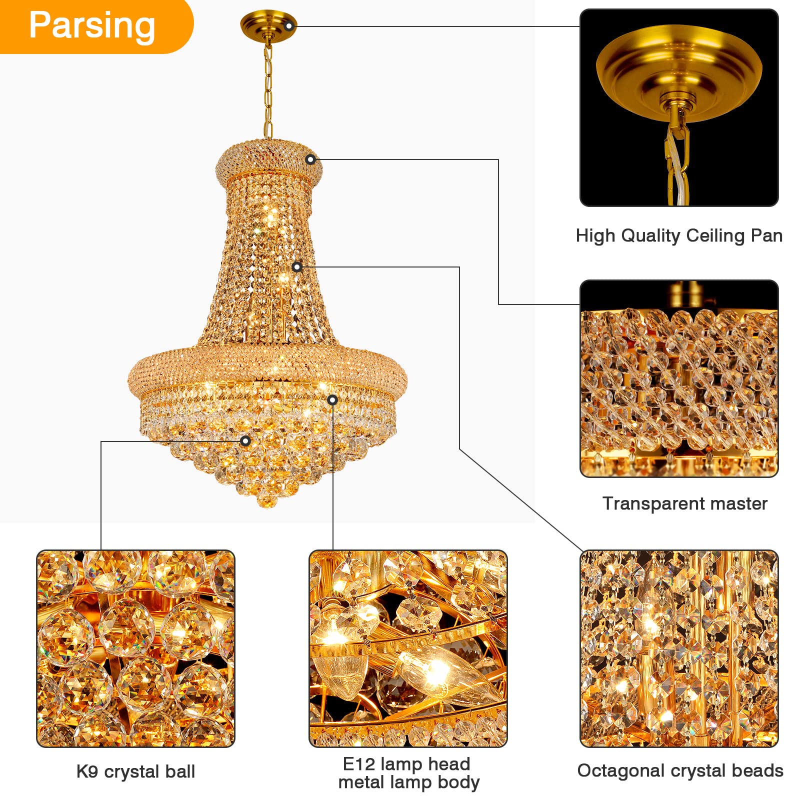 Gifarich Crystal Chandelier, 12 Lights D22" Empire Style, Gold K9 Crystal Lighting Fixture for Dining Room, Entryway, Foyer