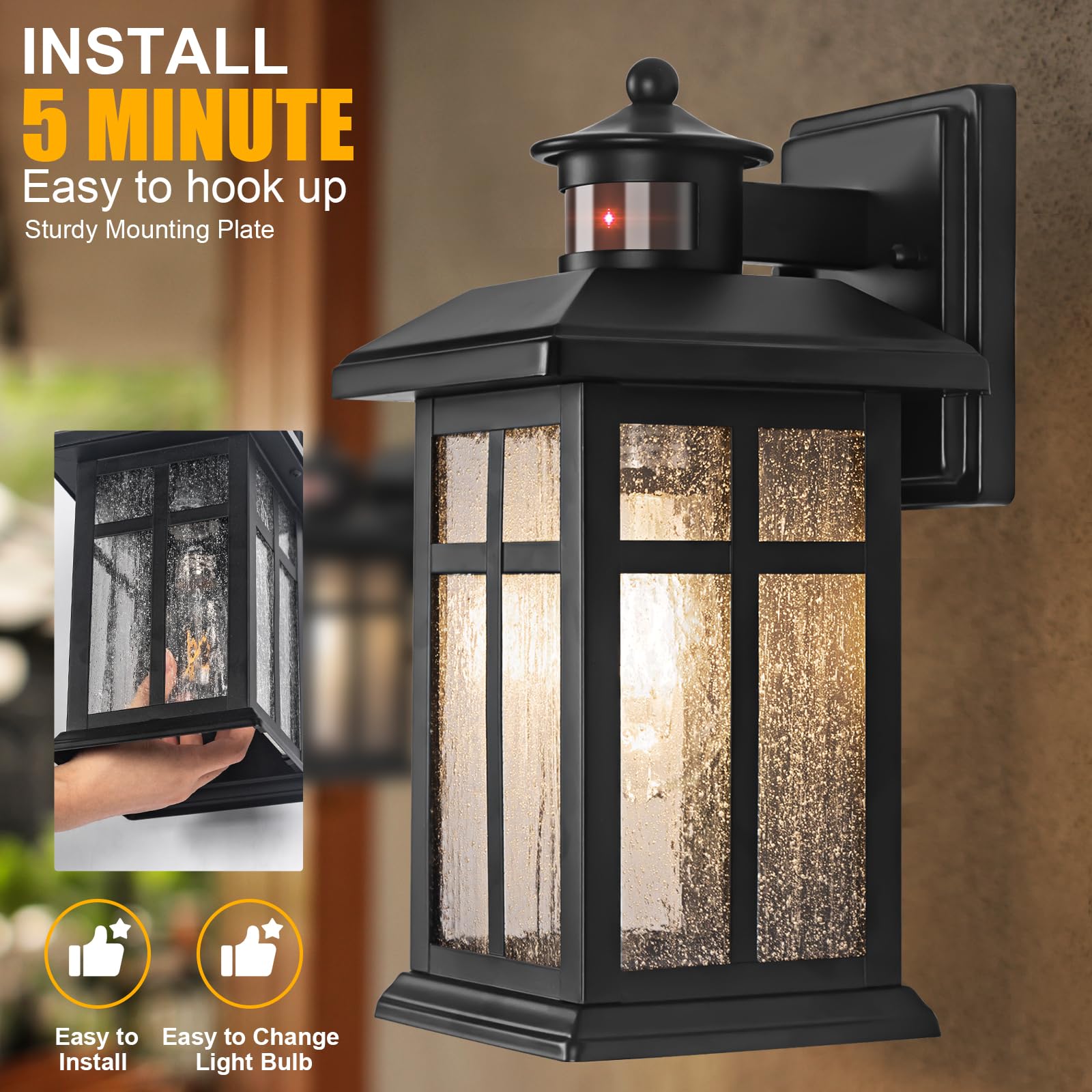 Brilvibera Motion Sensor Outdoor Wall Lights 2-Pack - Black Waterproof Dusk to Dawn Fixtures with E26 Sockets