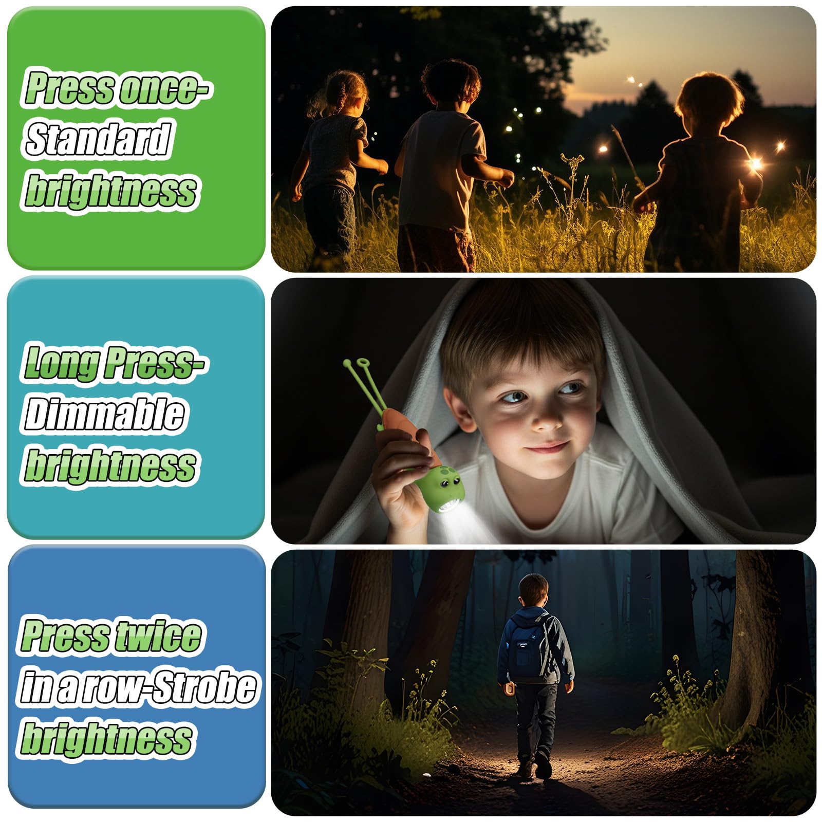 Tremdwoto Cute Turtle Kids Flashlight, Rechargeable LED, Green/Brown, Ideal for Camping & Outdoor Adventures
