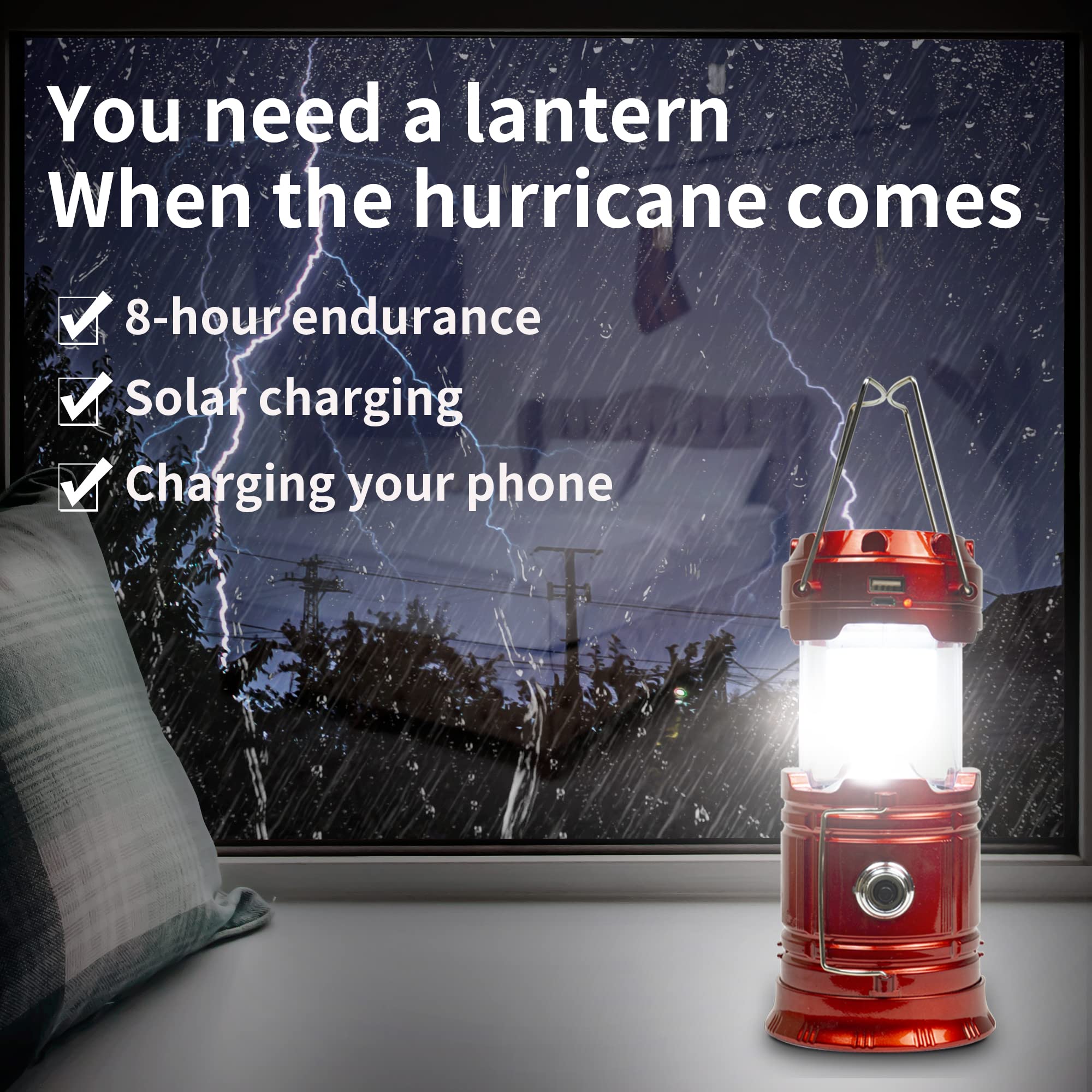 Solar Camping Lantern Rechargeable USB,COB LED Lantern Flashlight 2 Power Supply Modes Survival Kit for Emergency, Hurricane(Red