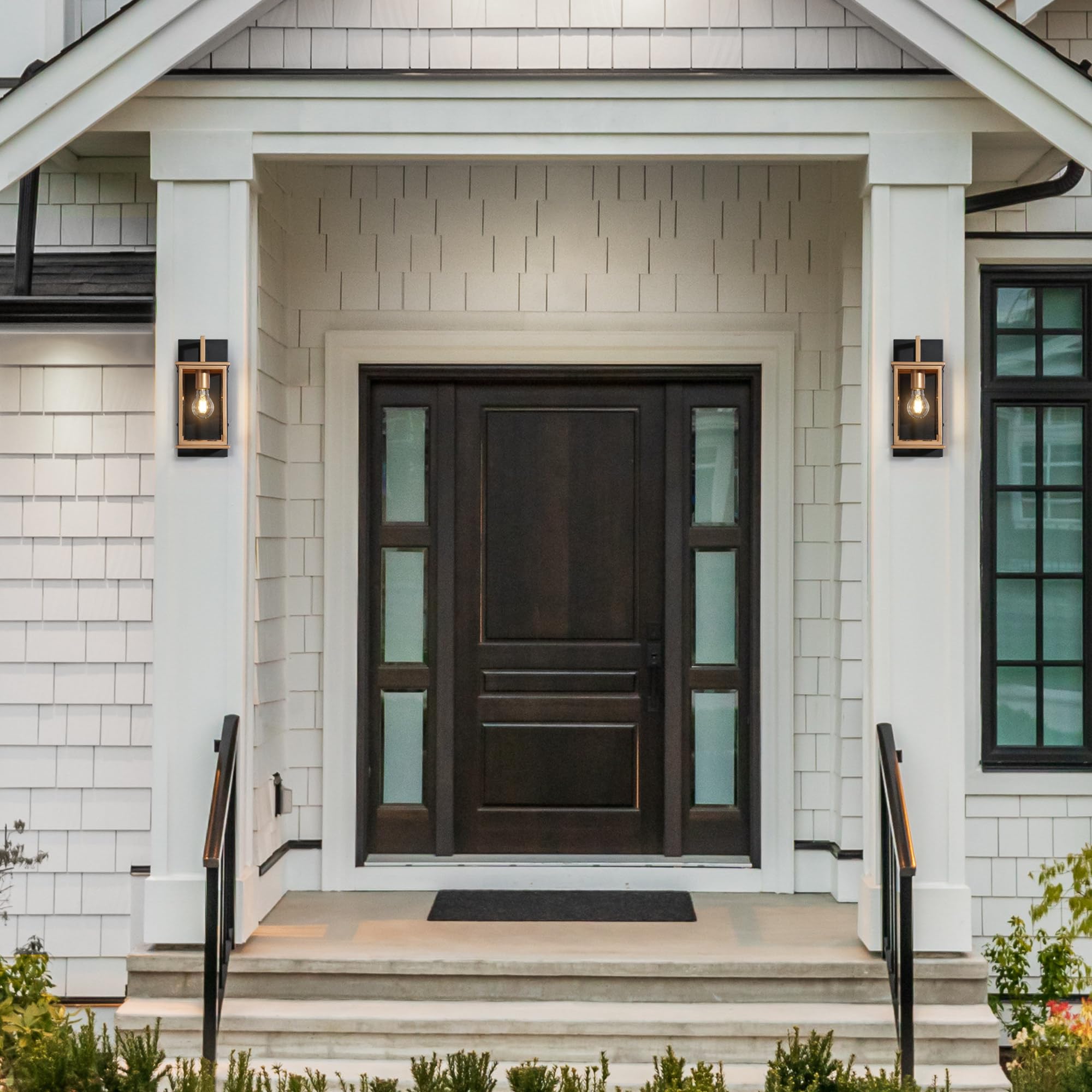 Gepow Black And Gold Outdoor Wall Lights, Modern Waterproof Sconce With Clear Glass Shade