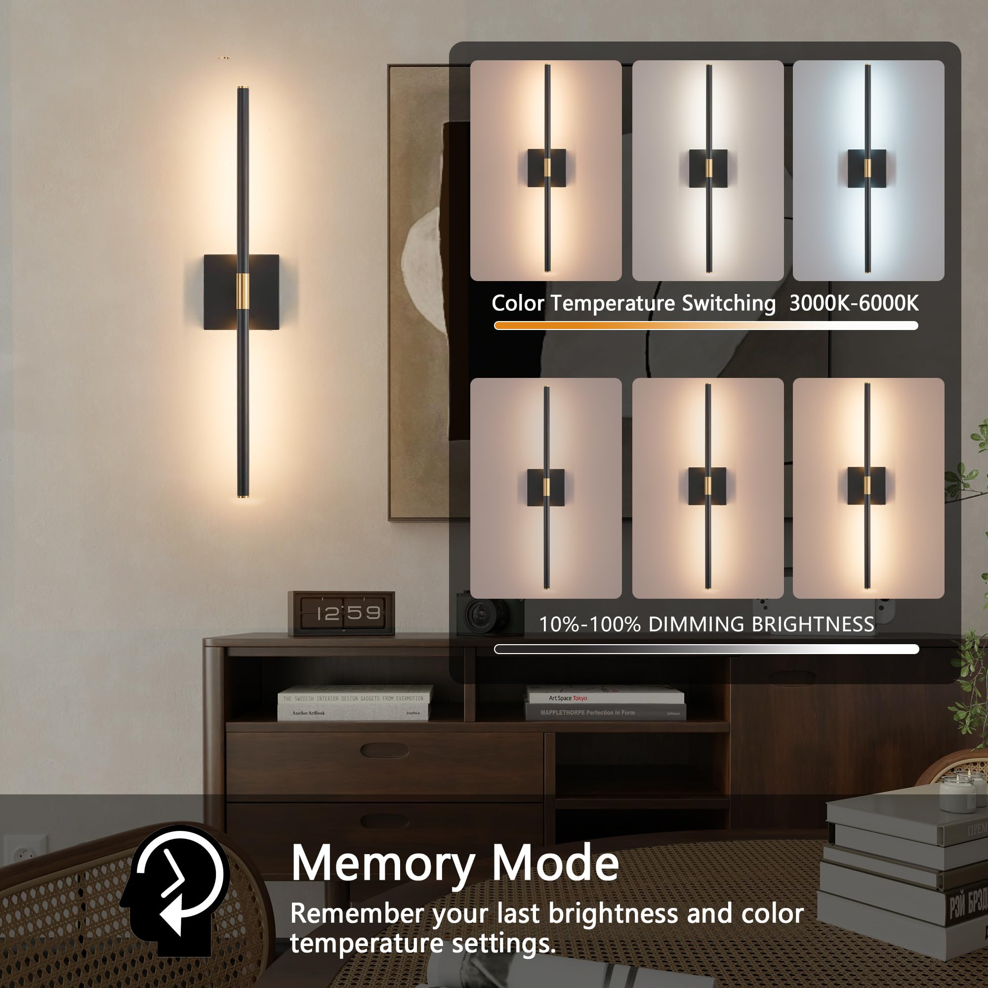 Gwoner Battery Operated Led Wall Sconces Set Of 2, 25'' Wireless Rechargeable Wall Lights With Remote Control, 3000K-6000K Stepl