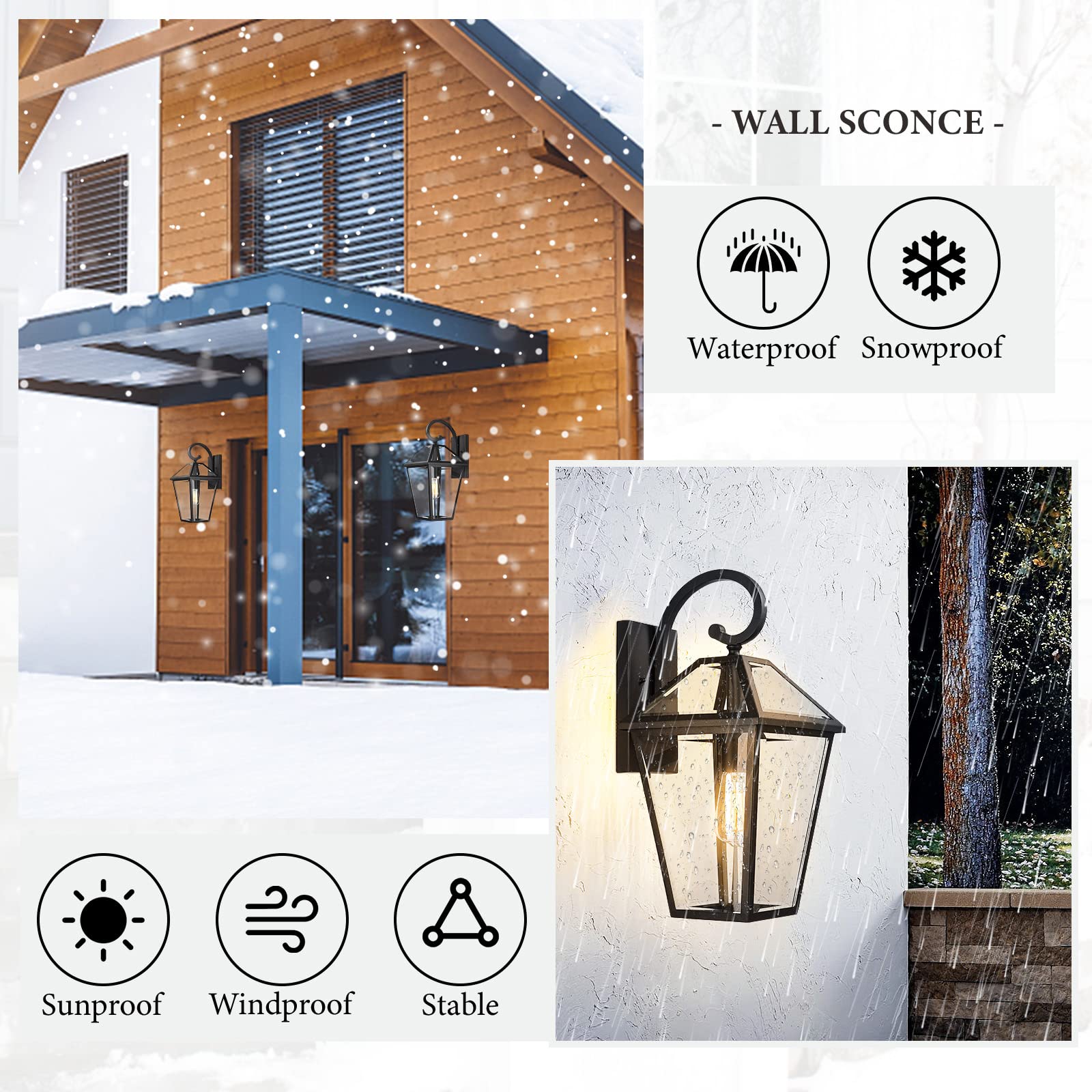 Luminzone Large Waterproof Outdoor Wall Light Fixture - Black Glass Lantern For Porch & Patio