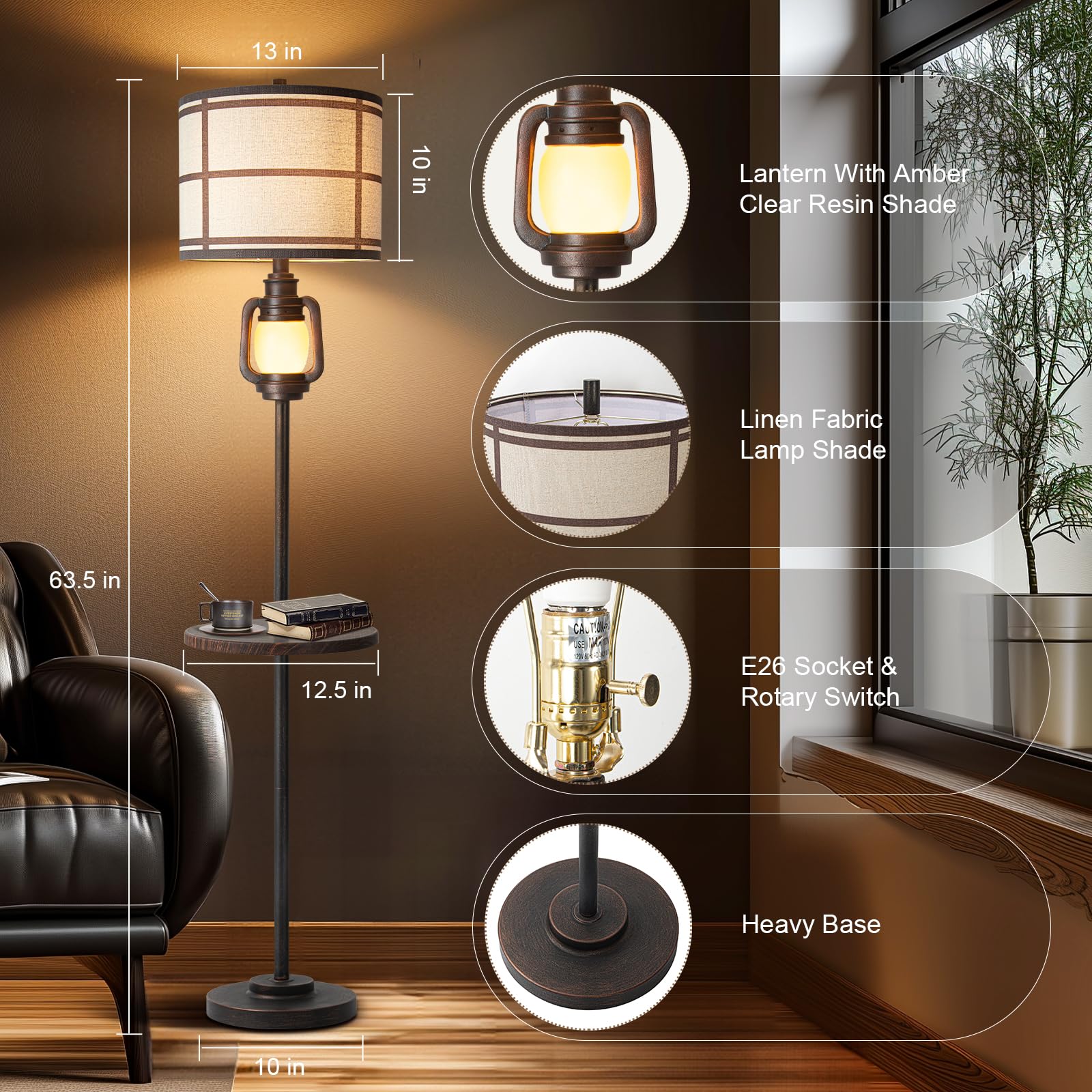 Rustic Farmhouse Metal Tray Floor Lamp For Living Room With Nightlight Vintage Tall Lamp With Linen Fabric Shade Industrial Stan