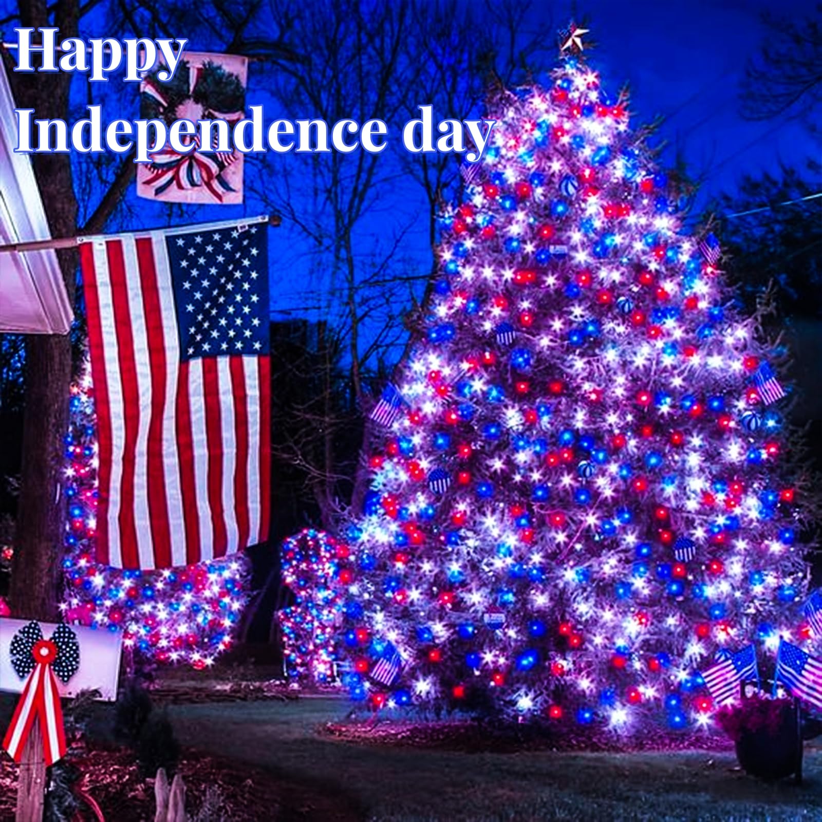 Eew 2Pk Red White And Blue Solar String Lights Outdoor Waterproof, Solar Powered Led Patriotic Lights 200 Led, Solar Tree Lights