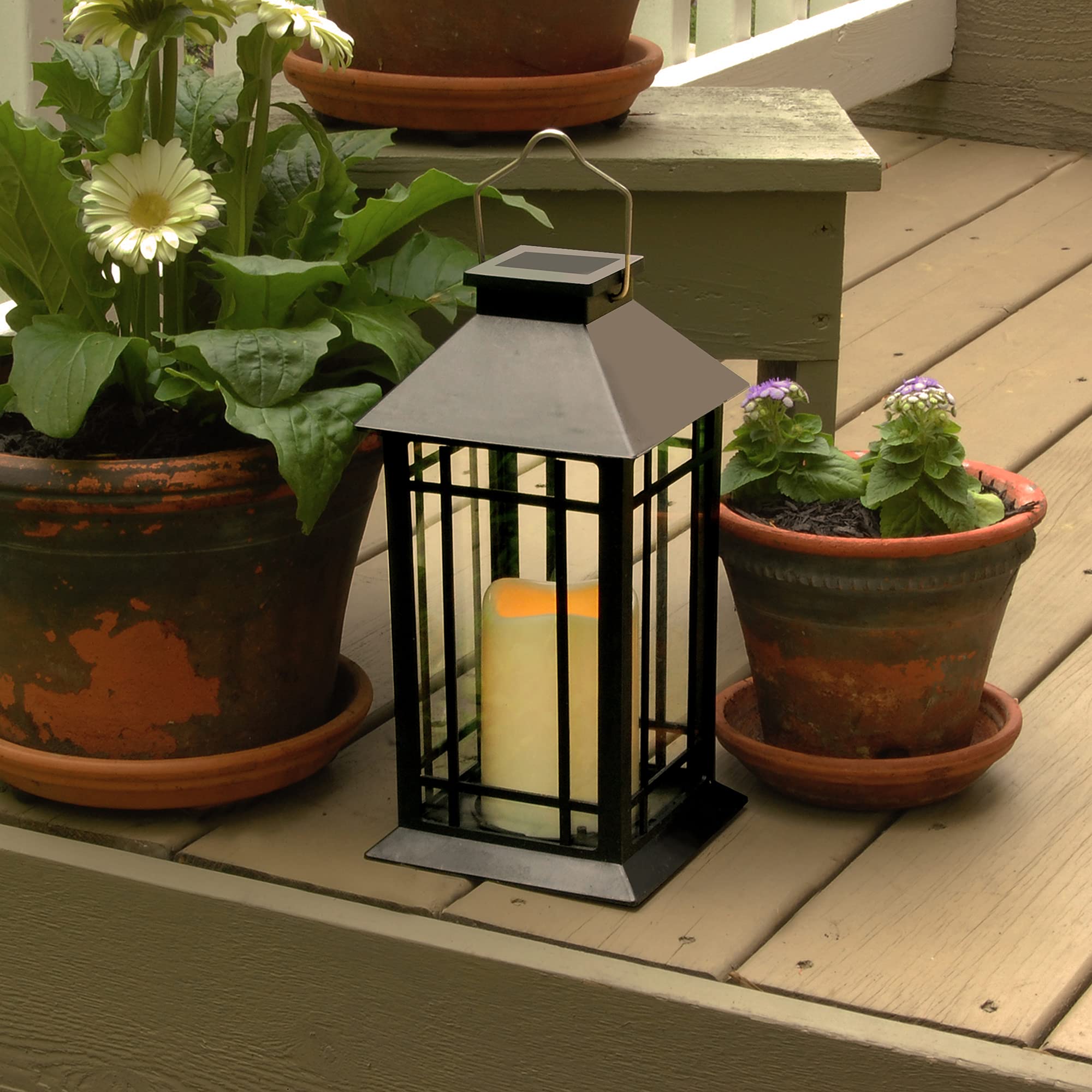 Lumabase Solar Lantern with LED Candle, 11" Black Plastic, Model 94201