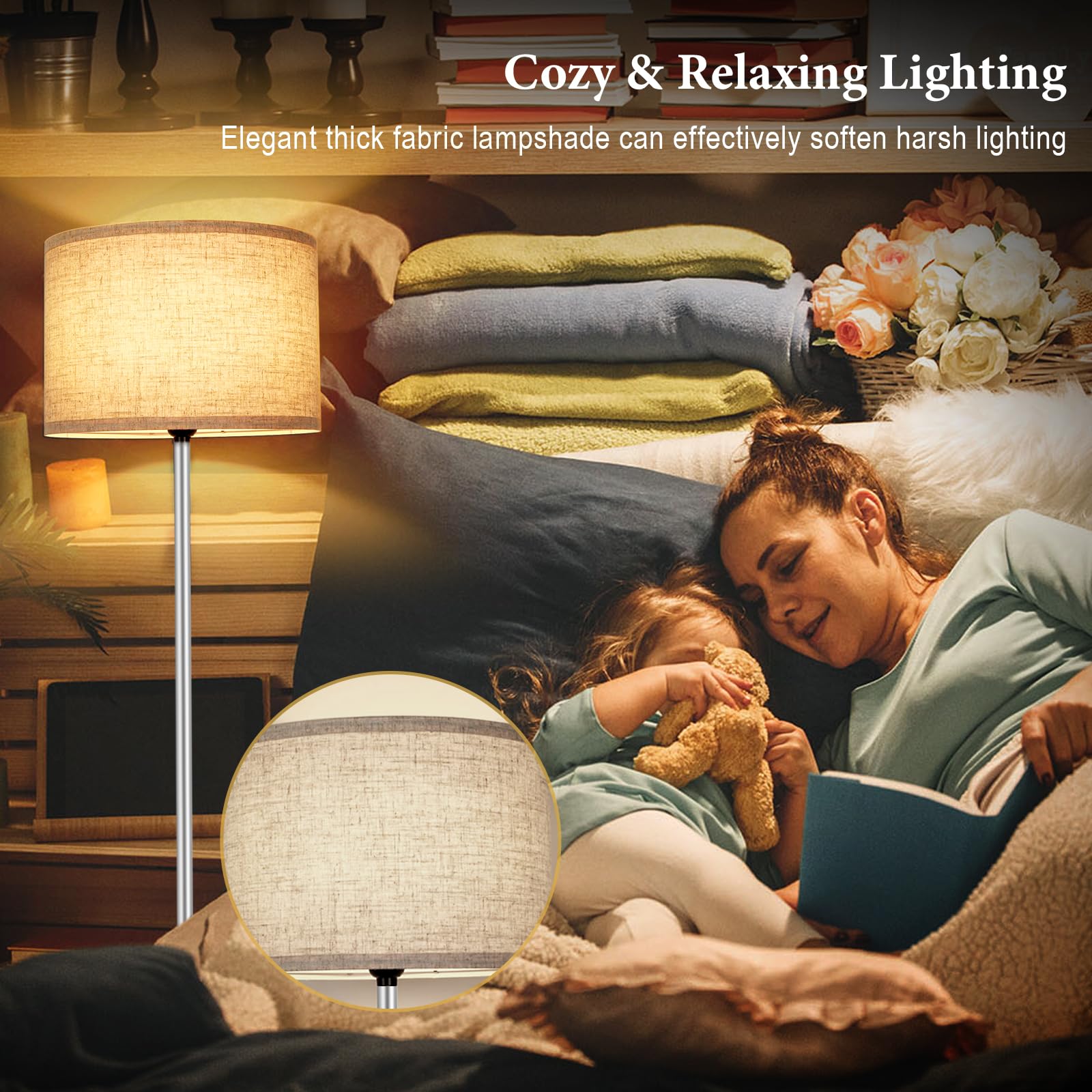 65?Modern Simple Floor Lamp Foot Switch, Silver Standing Lamp For Living Room With 3-Color Changing Led Bulb, Dimmable Led Floor