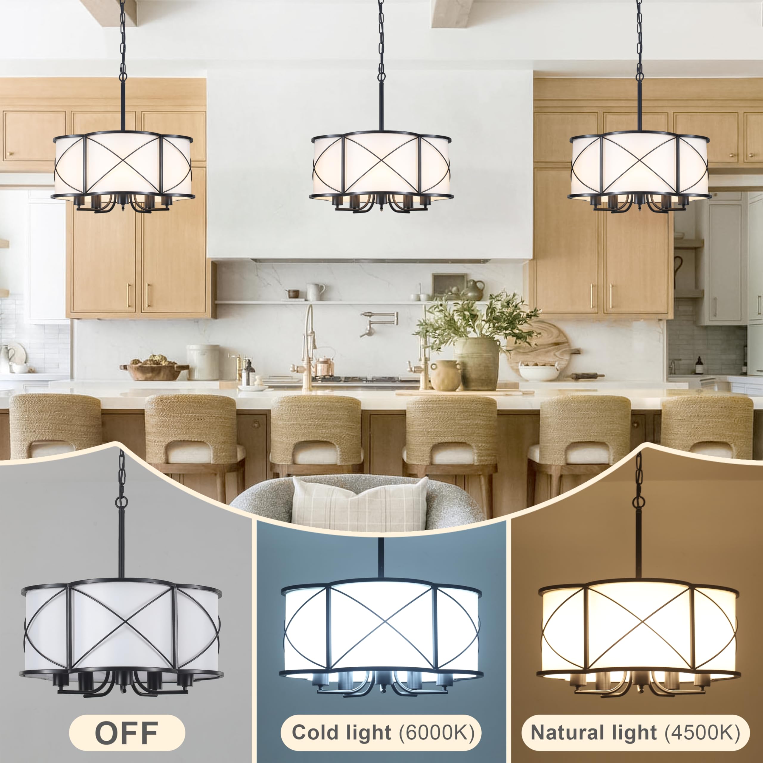 19'' Farmhouse Drum Chandelier For Dining Room 5-Light Black Modern Pendant Light White Fabric Retro Height Adjustable Lighting