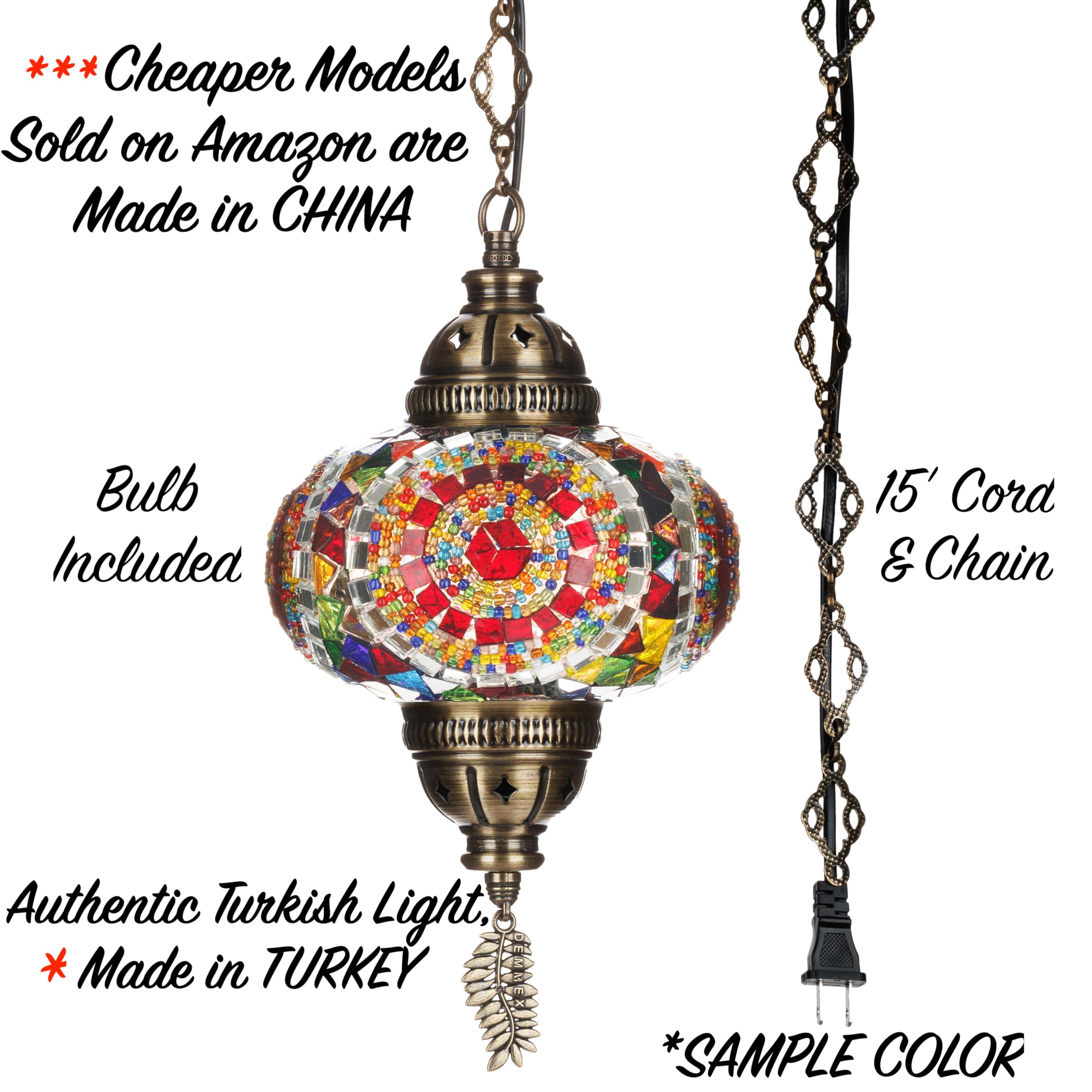 DEMMEX Moroccan Mosaic Swag Pendant Light - 6.5" Glass Globe, Multicolor, 15ft Cord, Handmade Ceiling Lamp