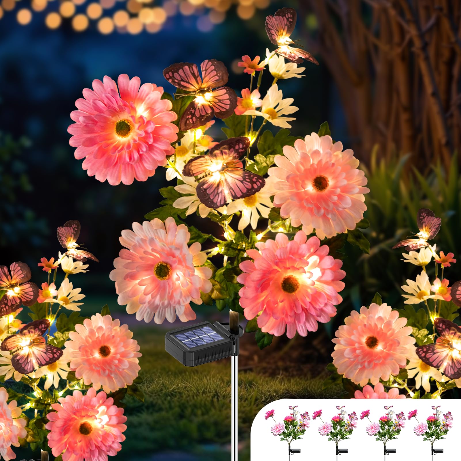 Topvelo Solar Garden Light 4 Packs  120 Leds Outdoor Solar Lighting With Daisy And Butterfly  Waterproof Outdoor Garden Light For Patio  Courtyard  Pathway Decoration (Pink)