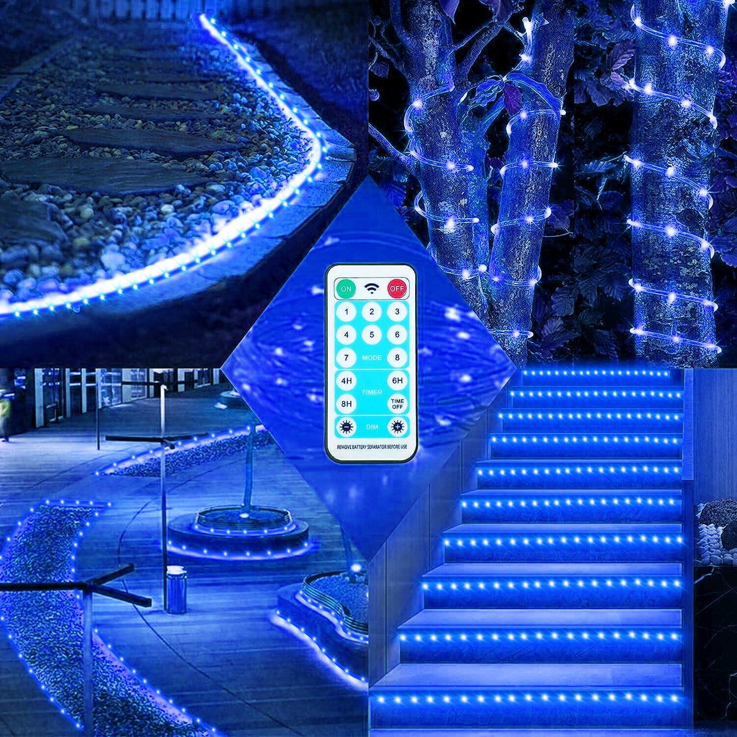 Chinety Solar Rope Lights 196ft 600 LED Waterproof String Light 8 Modes for Garden Patio Pool Blue Model FS-D099