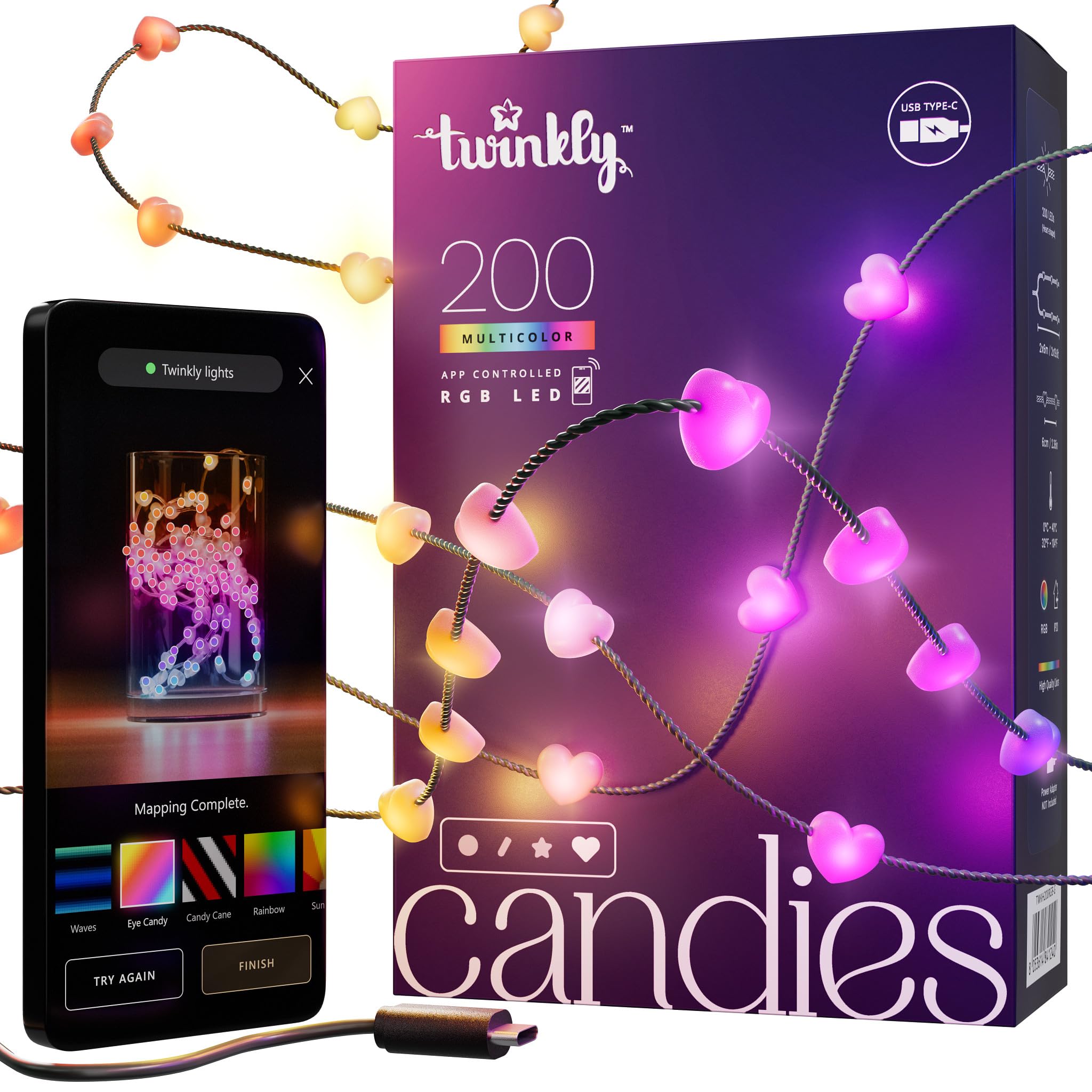 Twinkly Strings USB-C Heart 200 LED, Heart-Shaped LED Light String, RGB Multicolor LED Lights, Valentines Day Lights, Compatibl