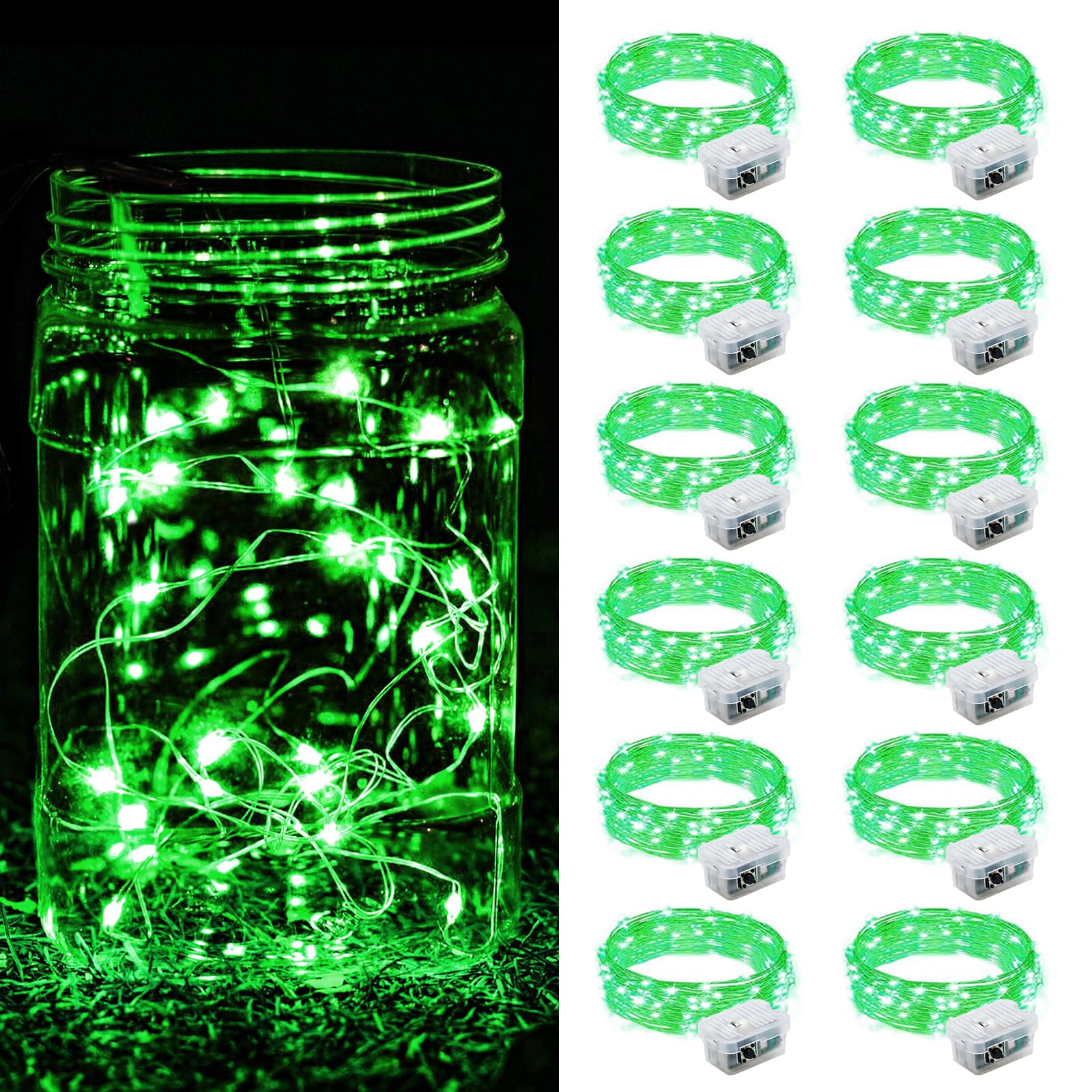 ZGWJ 12 Pack Fairy Lights Battery Operated  7FT 20LED Mini Fairy String Lights Silver Wire 3 Modes for DIY  Parties  Wedding  Bedroom  Halloween Christmas Decoration- Green