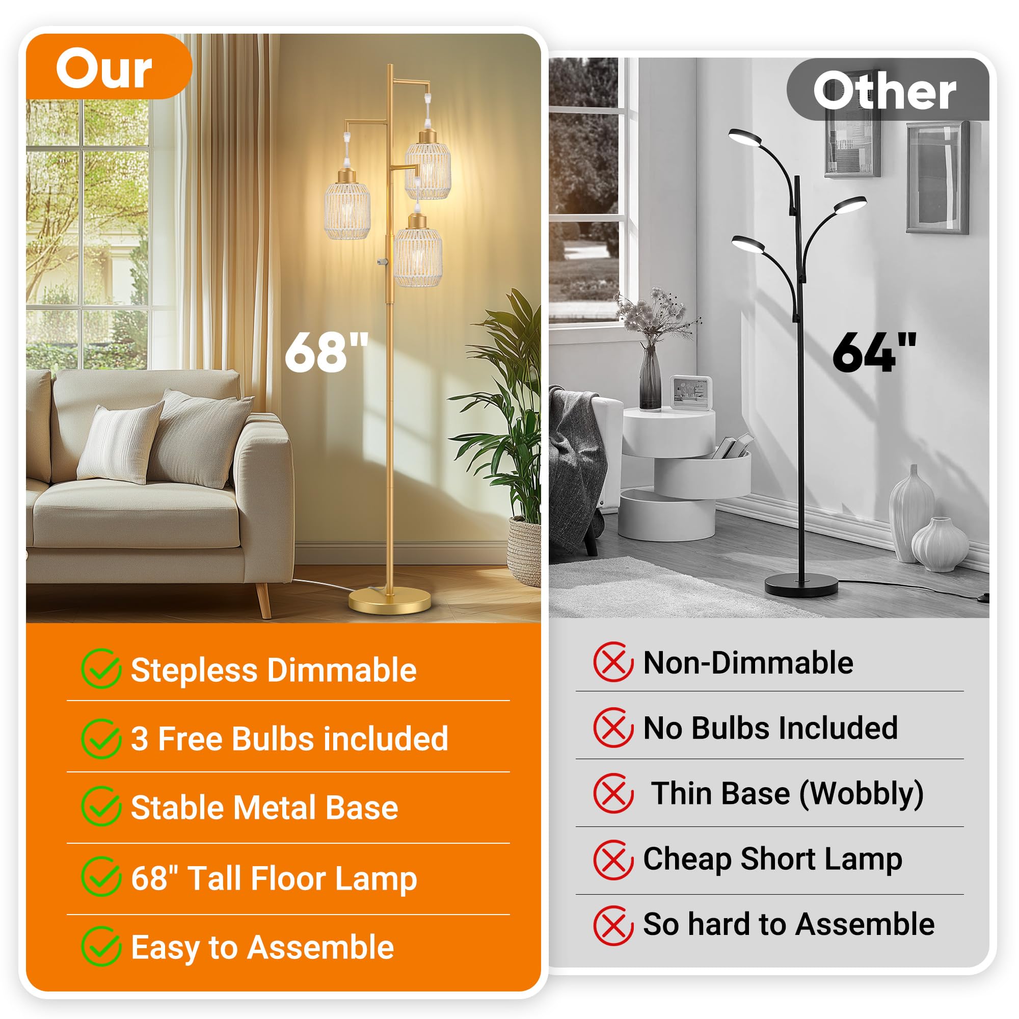 ROTTOGOON Dimmable Floor Lamp - 3-Light Rattan Design, 68in, Gold & White, Model ROFP125BZ1, Rustic Industrial Style for Living Room & Bedroom