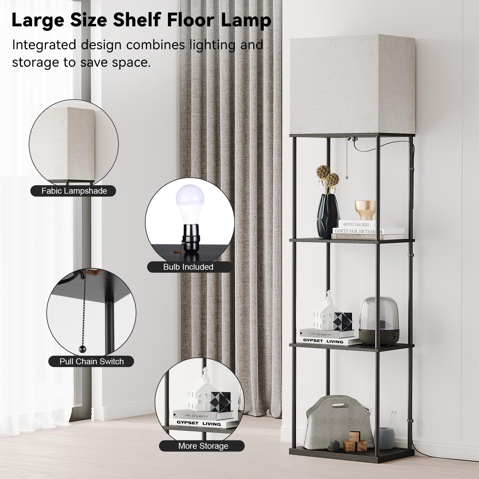 SUNMORY Large Floor Lamp with Shelves, 4-Tier Iron Design, 3 Color Temperatures, Model SR000023, Perfect for Living Room, Bedroom, Office