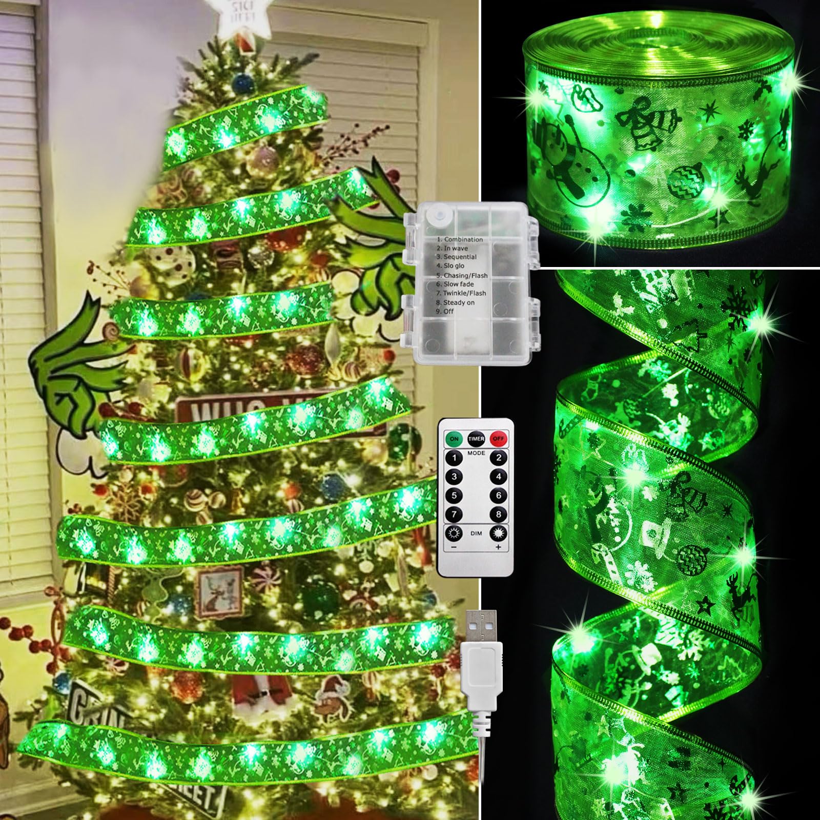 Vloso Christmas Tree Ribbon Lights for Christmas Tree Decorations-2.5Inch 66 Ft 200 Led Lighted Ribbon for Christmas Tree with R