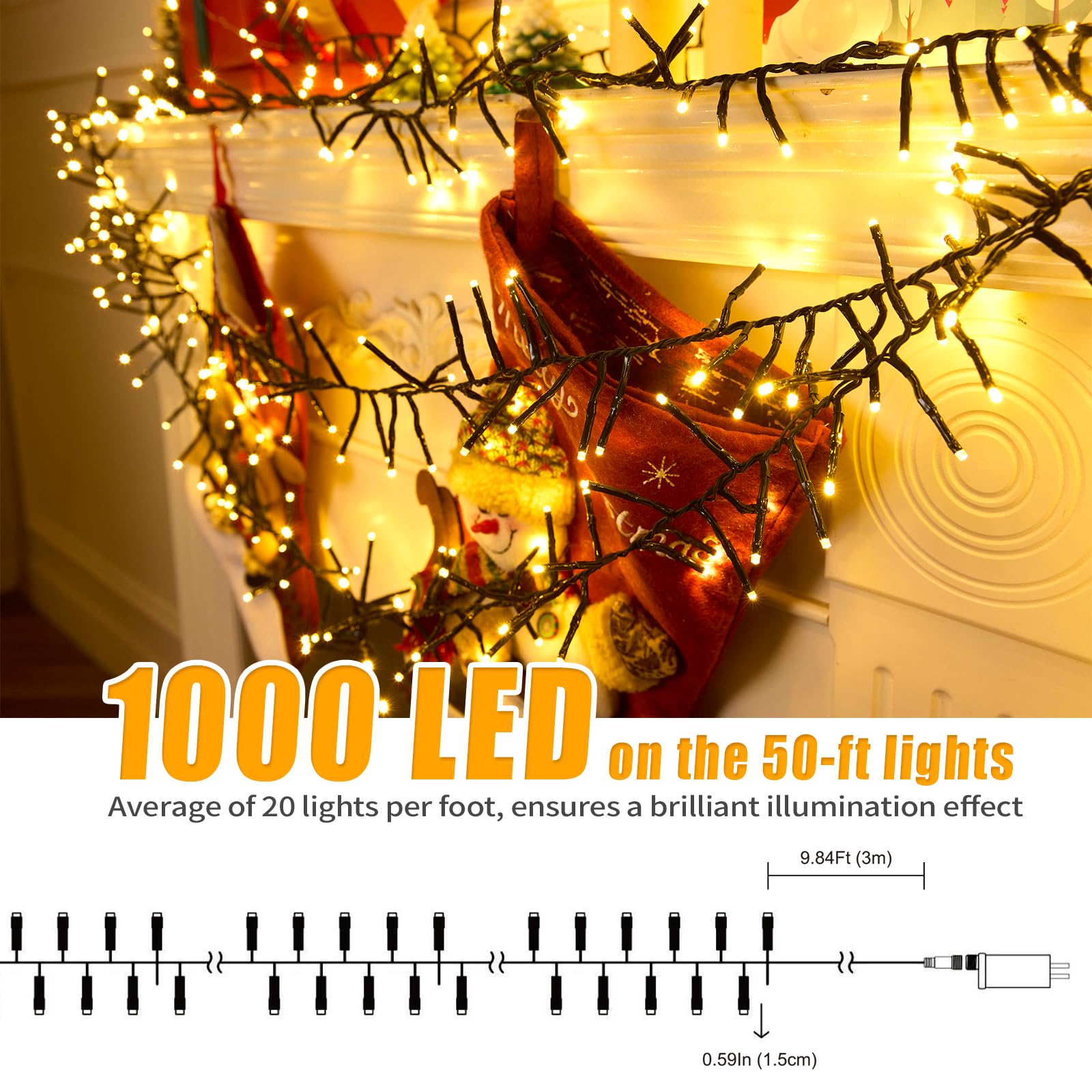 Adamonda 56FT 1000 LED Cluster Christmas Lights, Warm White, Waterproof, Remote, 12 Modes, Model DMO-S-1000