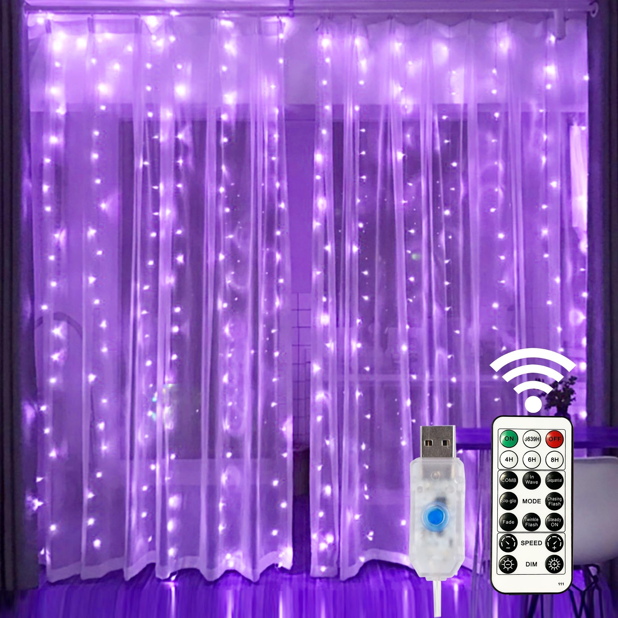 HOME LIGHTING Window Curtain String Lights, 300 LED, 8 Modes, USB Powered, Purple, Model: 78ee47ac-1dca-4f16-9396-269