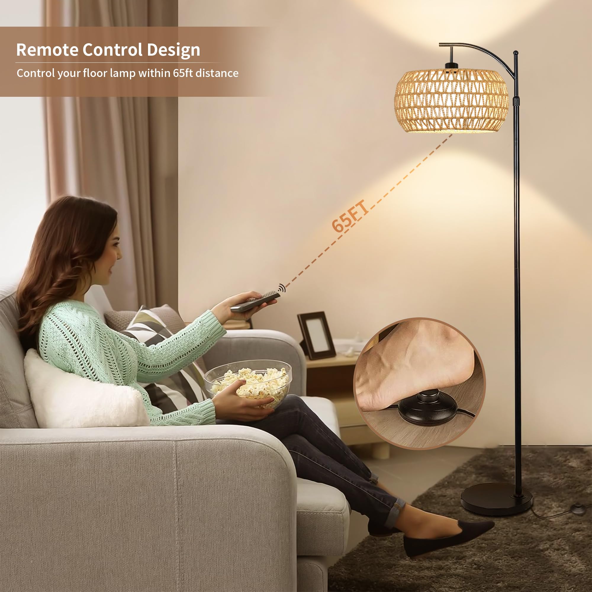 Arc Rattan Floor Lamp For Living Room With 3 Color Temperatures,Farmhouse Floor Lamps With Remote & Dimmable Bulb,Boho Standing