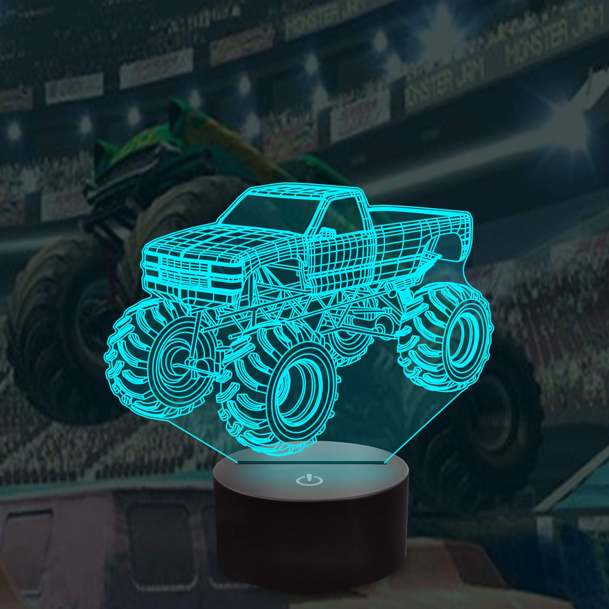 YuanDian 3D Night Light, Monster Truck Design, 16 Color LED, Acrylic Table Lamp, Kids Bedroom Decoration, Model FS-2810-9999, Multicolor