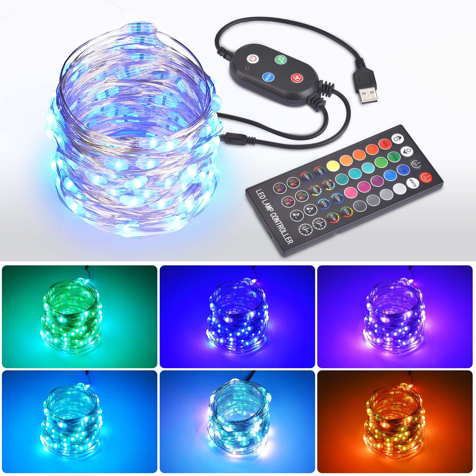 Yescom LED String Lights 33 Ft, 100 RGB Lights, 20 Colors, Remote & Bluetooth Control, 6 Modes, Multicolor