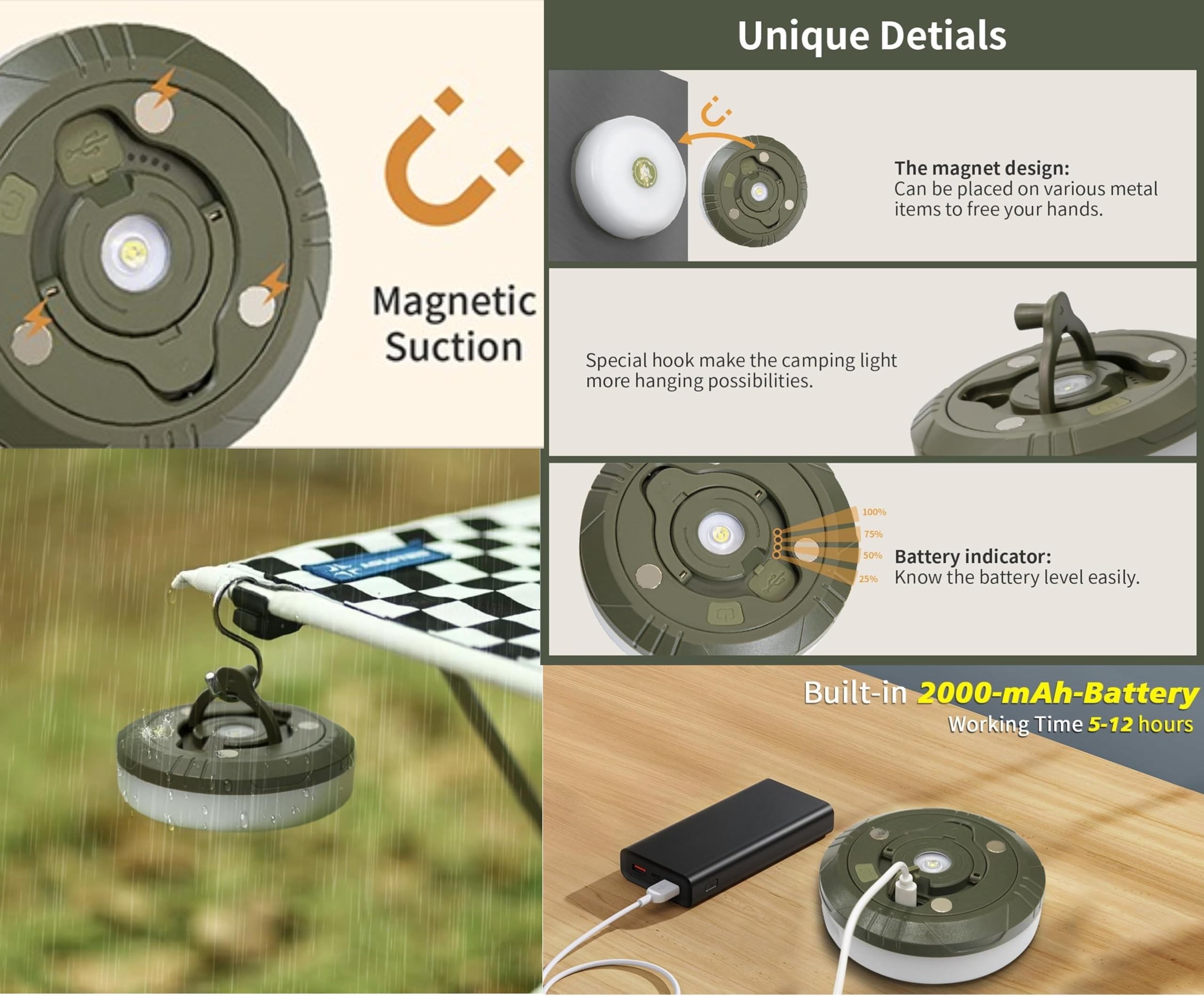 2-Pack Camping String Lights | Rechargeable 4 in 1 Quick Storage 32.8FT Tent Lights with 8 Modes | Hanging Waterproof LED Lamp f