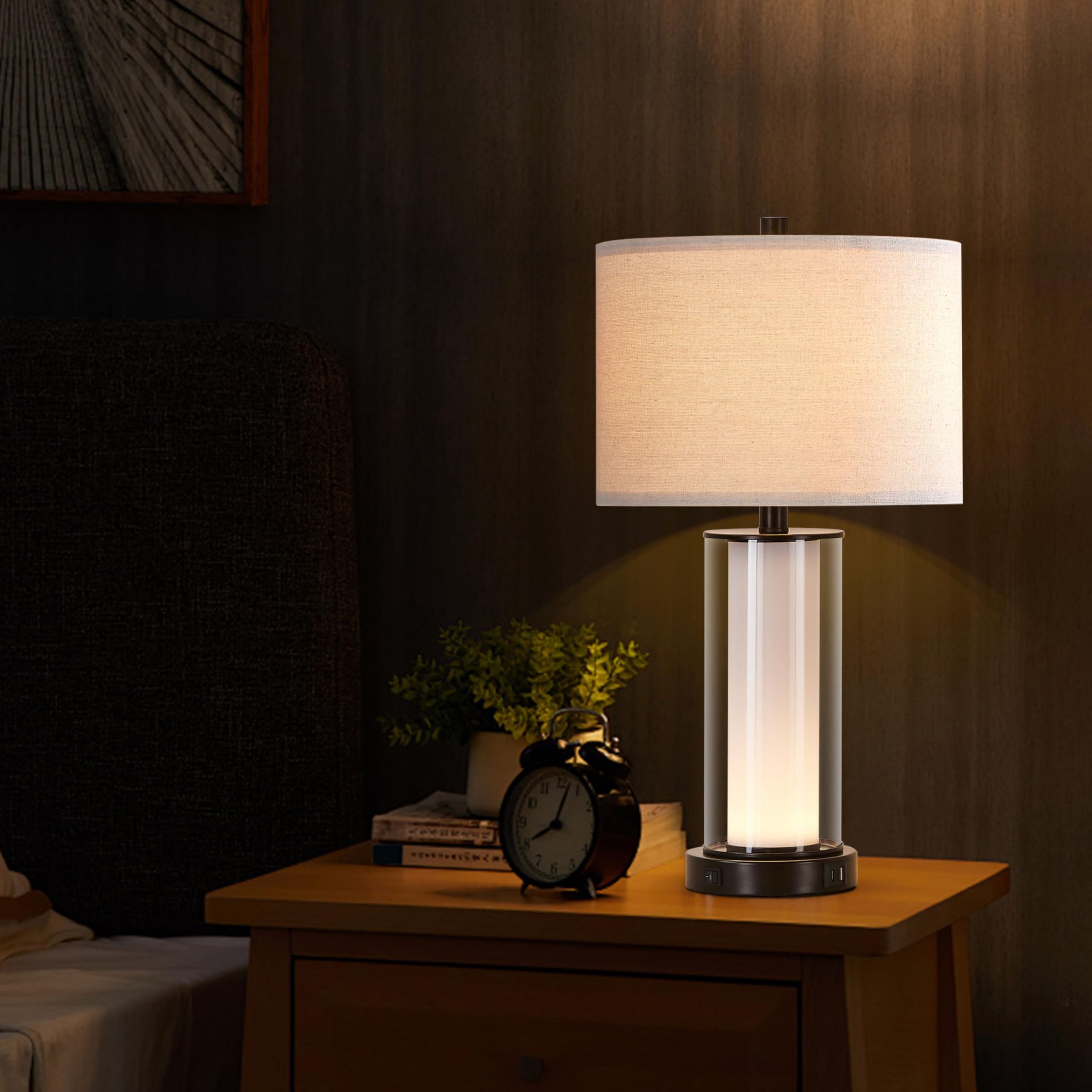 Kyrid Modern Glass Table Lamp Set with Night Light, USB Ports, 23.25" Height, Black, Model HK21321 (2 Bulbs Included)