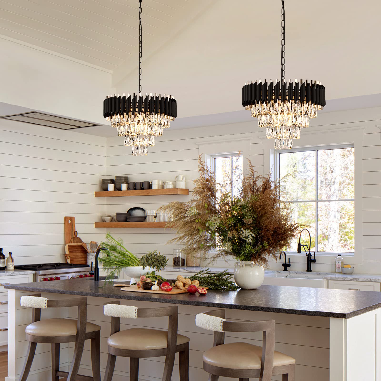 A AXILIXI Modern Crystal Chandelier 20in K9 Crystal Black & Gold 4-Tier Flush Mount Light Fixture Model 8801-500 for Dining Room Foyer