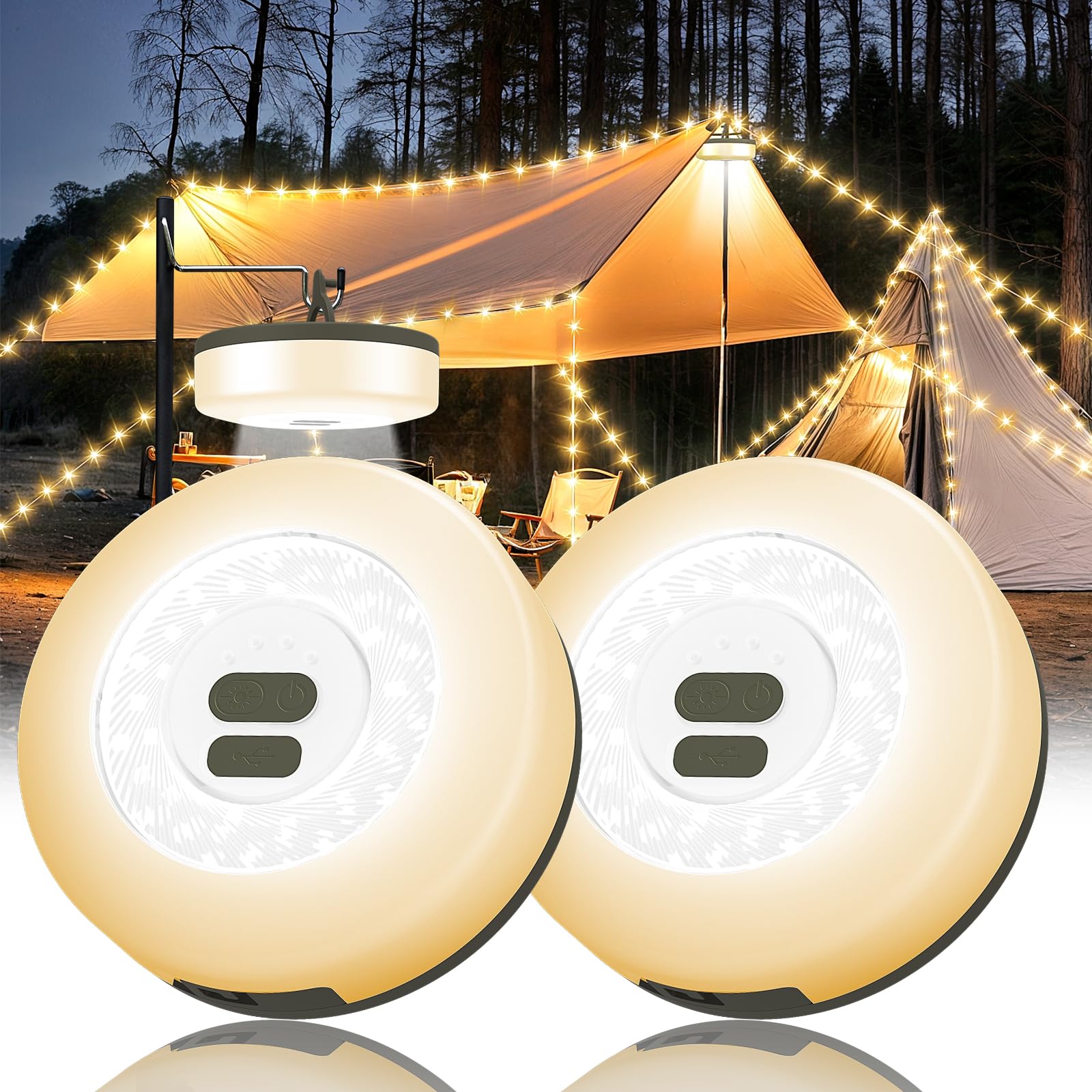 UGDLUCK 2Pack Camping String Lights, 32.8FT Rechargeable, 6 Modes, Waterproof, Warm White, Model CD013