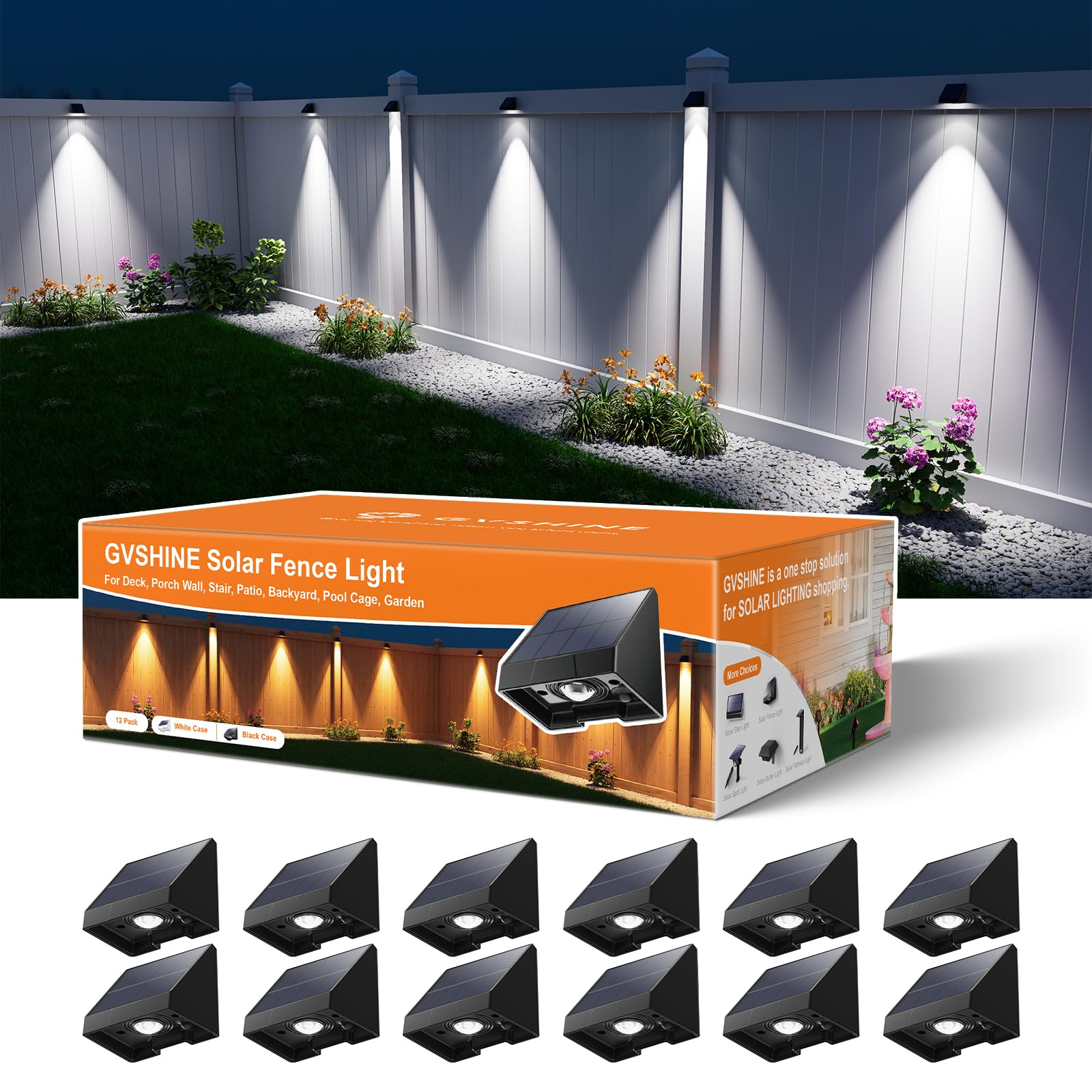 12 Pack Decorative Solar Powered Fence Lights Outdoor Waterproof with Cool White LED Spot Lens, for Outside Wall, Deck, Patio, Y