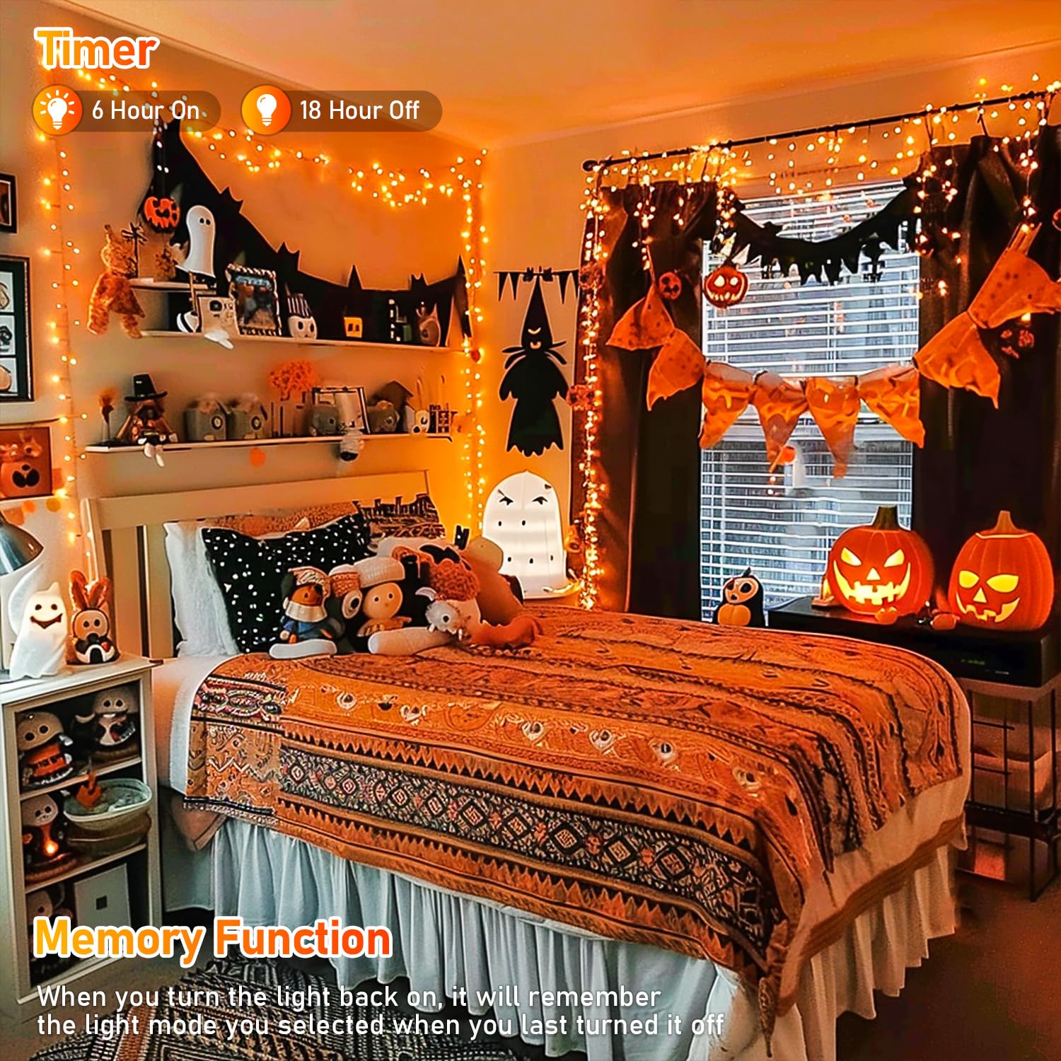 JMEXSUSS 150 LED Orange Halloween String Lights, 59 FT, Indoor/Outdoor, Connectable, 8 Modes, Model EXS-S-0150