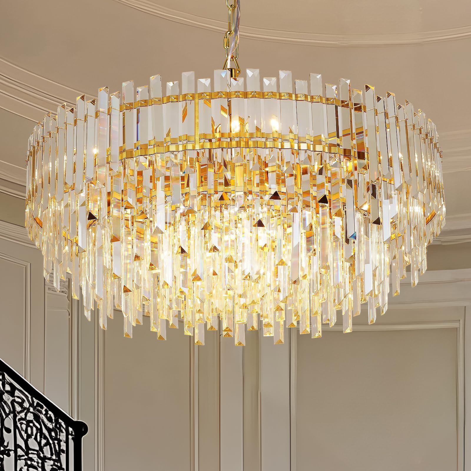 MEEROSEE Gold Crystal Chandelier Modern Chandeliers Raindrop Lighting Pendant Lights Fixtures Ceiling for Living Room Dining Rooms Entryway Round Hanging D27.55