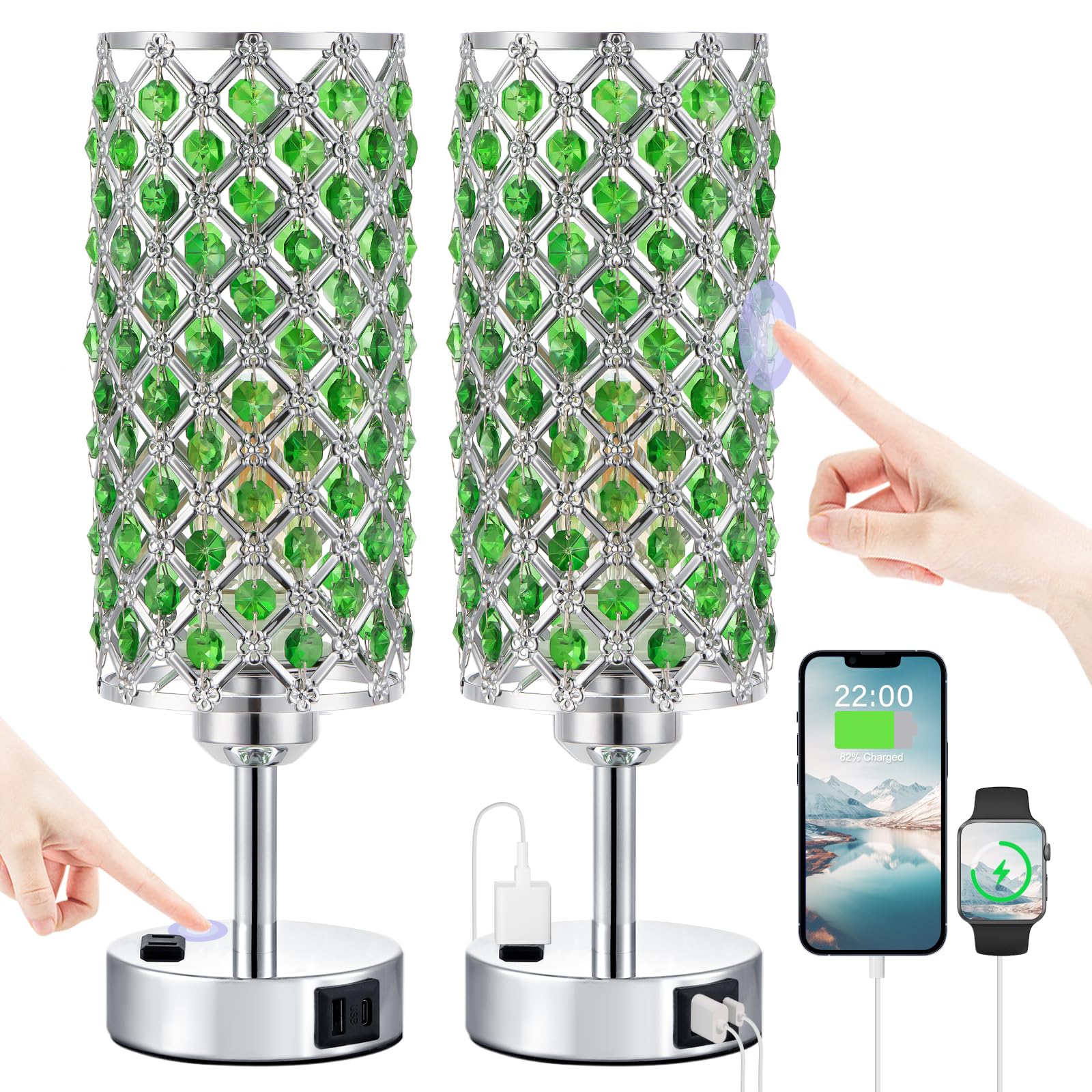 Hong-in Green Crystal Lamp Touch Control Set of 2  Crystal Table Lamps with USB C+A Ports & AC Outlet  3-Way Dimmable Nightstand Touch Lamp  Modern Bedside Table Lamp for Bedroom(Bulbs Included)