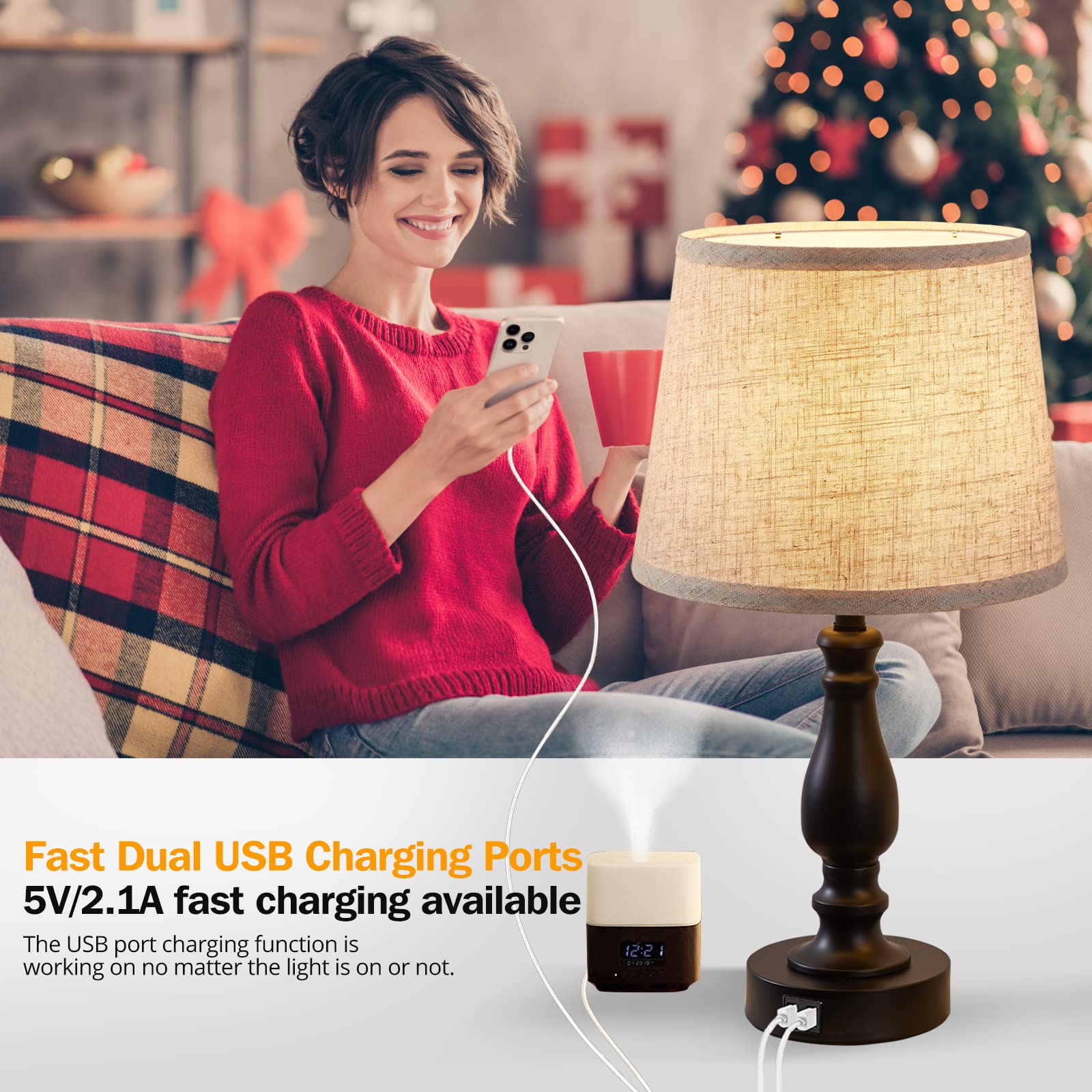 EJIAXIN Table Lamps Set of 2 - 3-Way Dimmable Touch, Beige Linen Shade, USB Charging Ports, Modern Design, Model E-98008A
