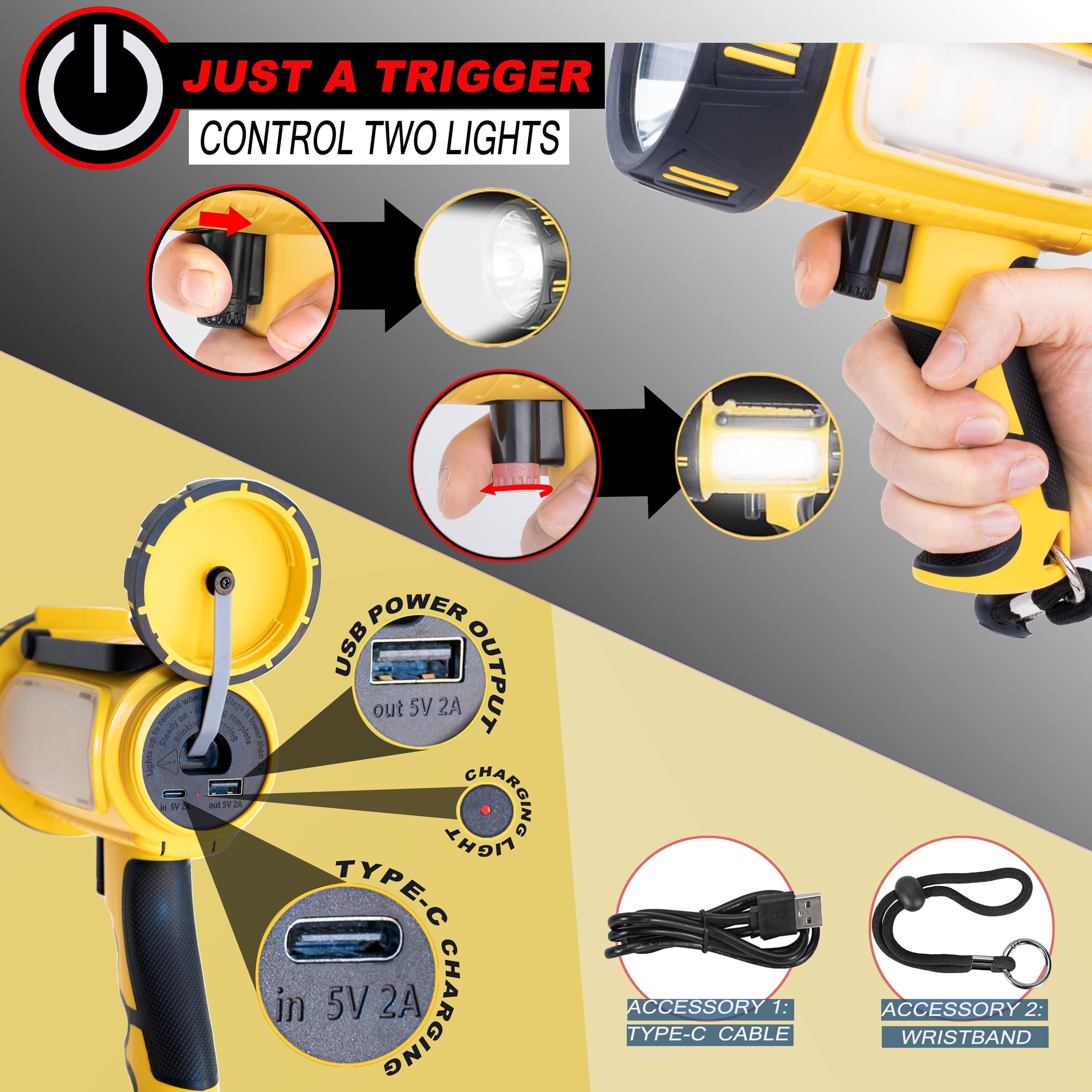 Bigsun E1 Rechargeable Spotlight, 1000000 Lumens Led Flashlight,Side 50W Work Lamp With Stand,10000Mah Battery, Ip55 Water-Resis