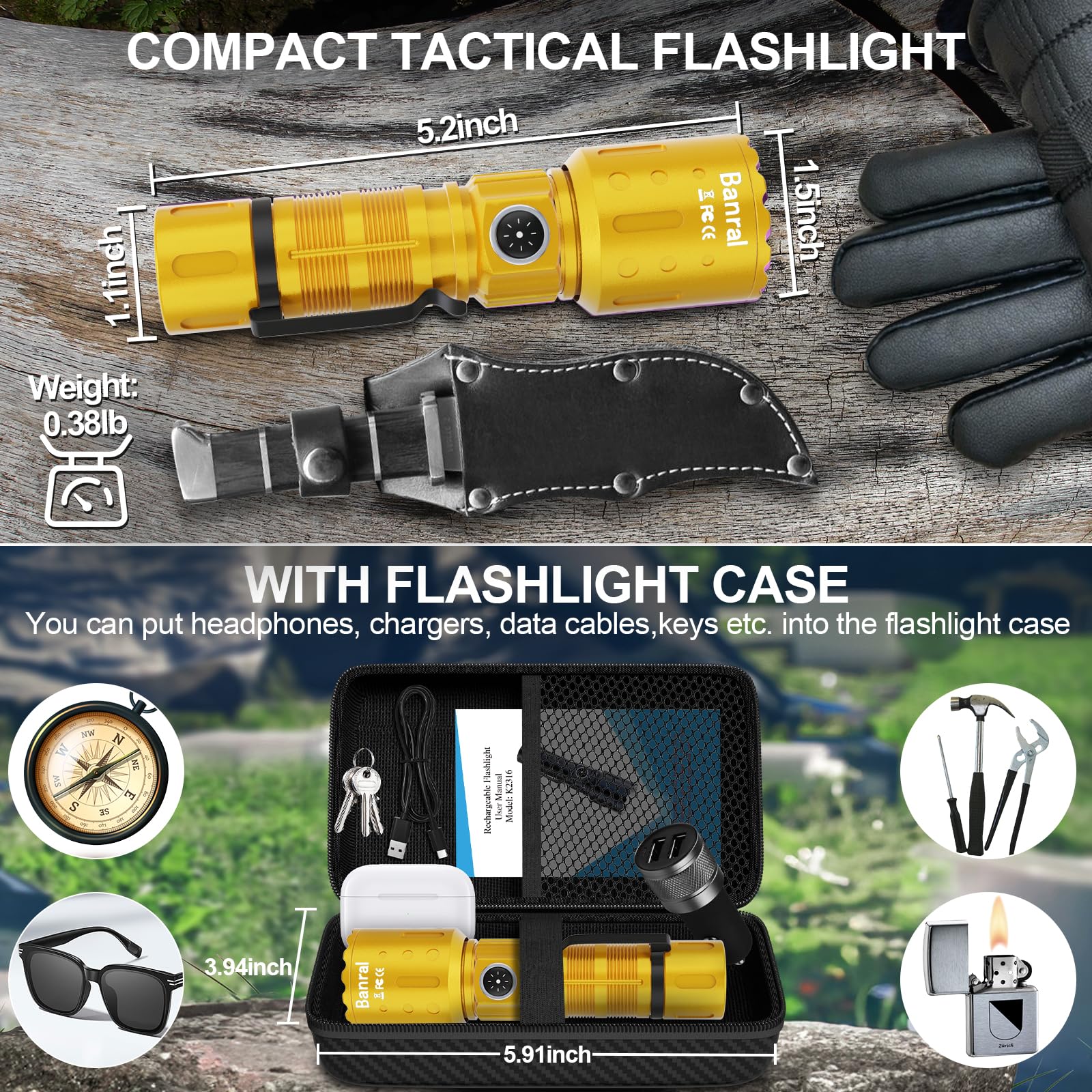 Banral High Lumens Rechargeable Flashlight, 1500m Range, 6 Modes, Waterproof, Aluminum, Yellow Gold, Model K-2316-B