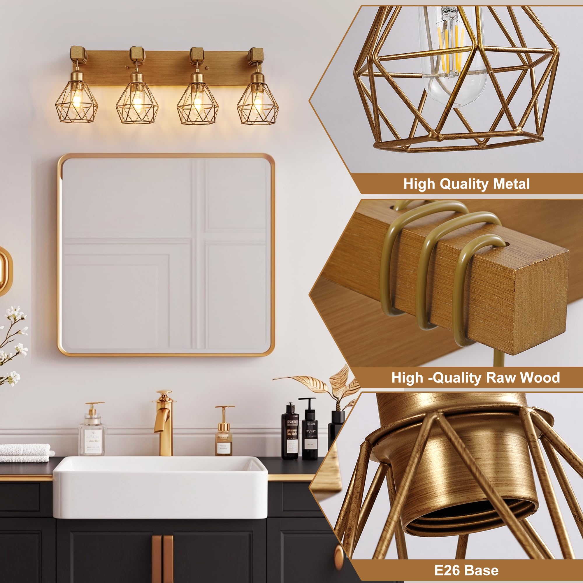 maesta 4-Light Gold Bathroom Vanity Light Fixtures, Elegant Metal Sconces for Living Room, Bedroom, Hallway - Model MA021-S-G-4