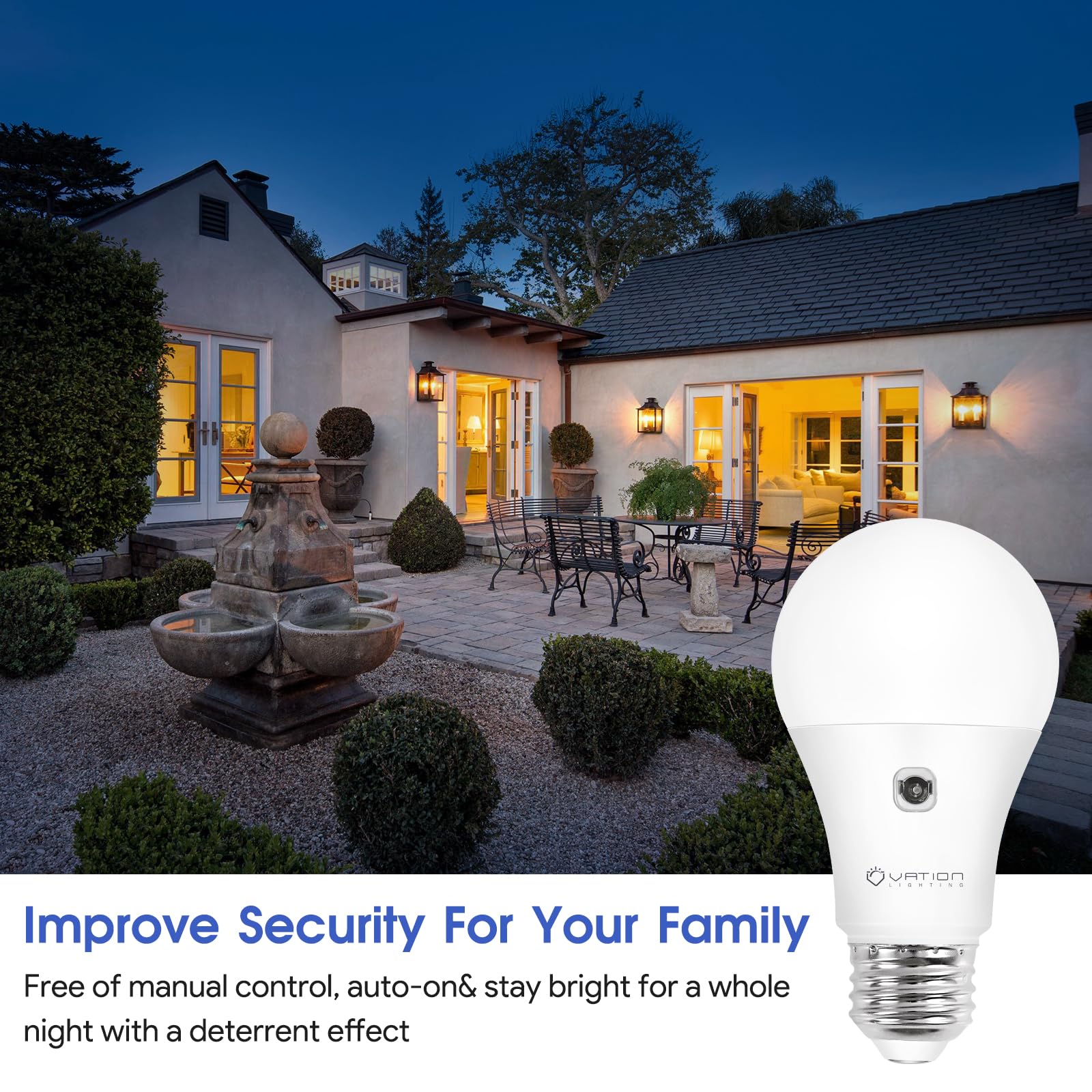 A19 Dusk To Dawn Sensor Led Light Bulbs Outdoor, Warm White 3000K, Energy Efficient 9W(60 Watt Equivalent), E26 Standard Base, A