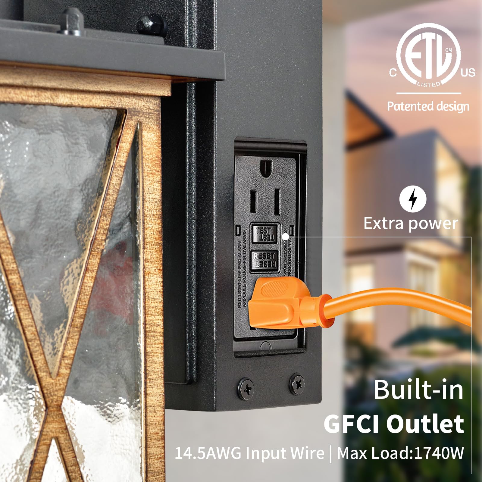 Dusk To Dawn Motion Sensor Outdoor Porch Light With Gfci Outlet,3 Lighting Modes Anti-Rust Waterproof Industrial Outdoor Lantern,Exterior Work Lights Rustic Wood-Like Finish Wall Light,Ul Etl Listed