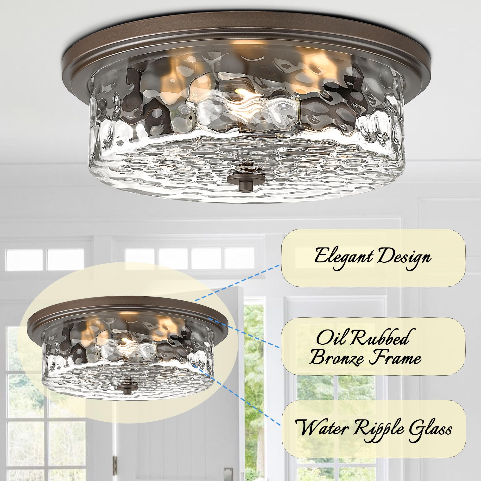 Odeums 16&quot; Oil-Rubbed Bronze Industrial Flush Mount Ceiling Light, 3-Light Hammered Glass Fixture