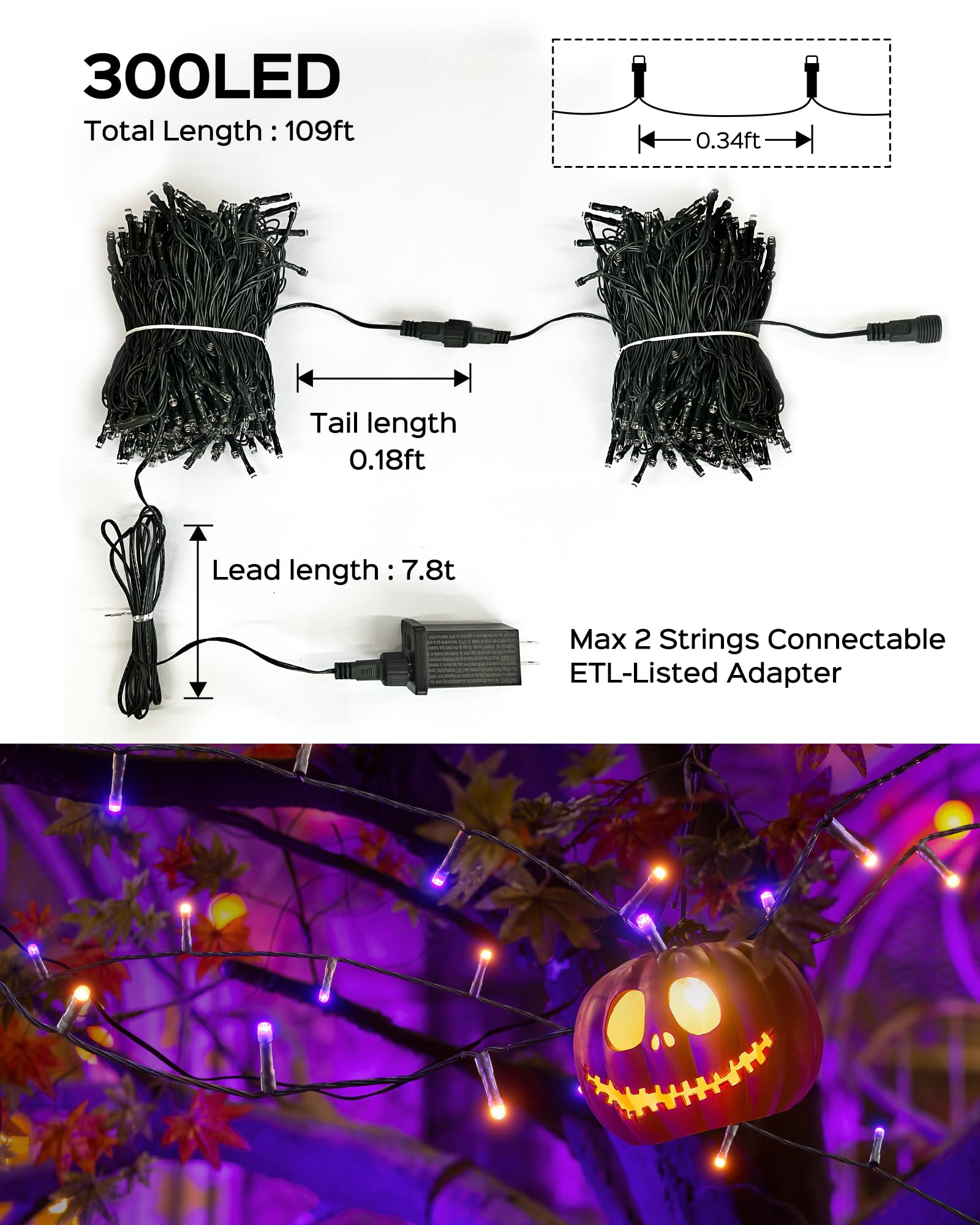 Jackyled 300Led Purple & Orange Halloween Lights, 109Ft Outdoor String Lights Connectable, Memory Function, 8 Modes Indoor Hallo