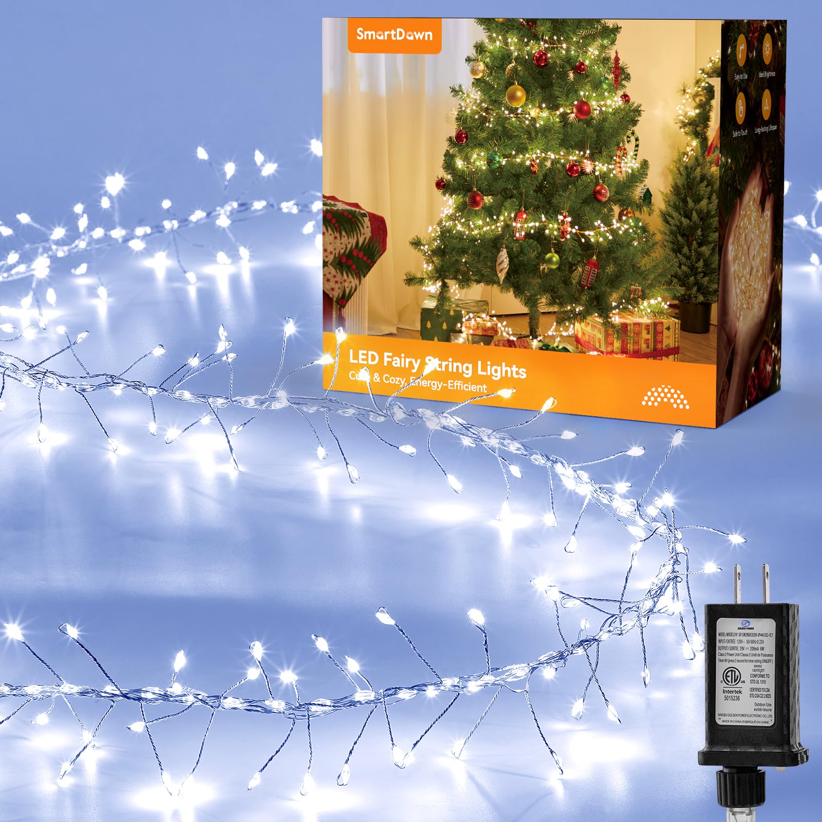 SmartDawn Fairy Lights Plug-in, 14 Modes, 10FT, 388LED, Indoor Waterproof, Cool White, Silver Wire for Christmas Home Decor