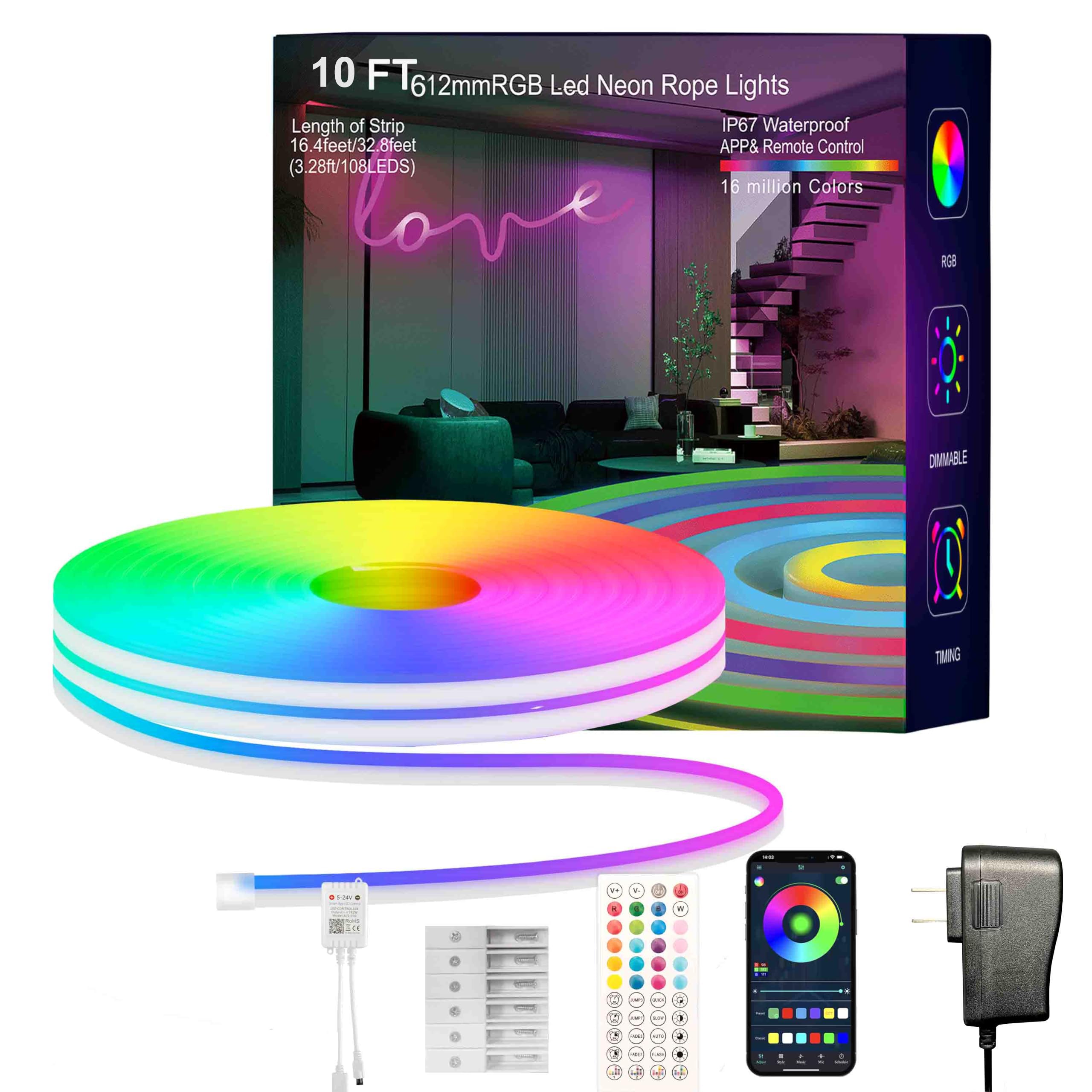 MFWW Neon Rope Lights, 2x65.6FT RGB LED Strip Lights, App Control, IR Remote, Outdoor IP67 Waterproof, Music Syncing, Flexible D