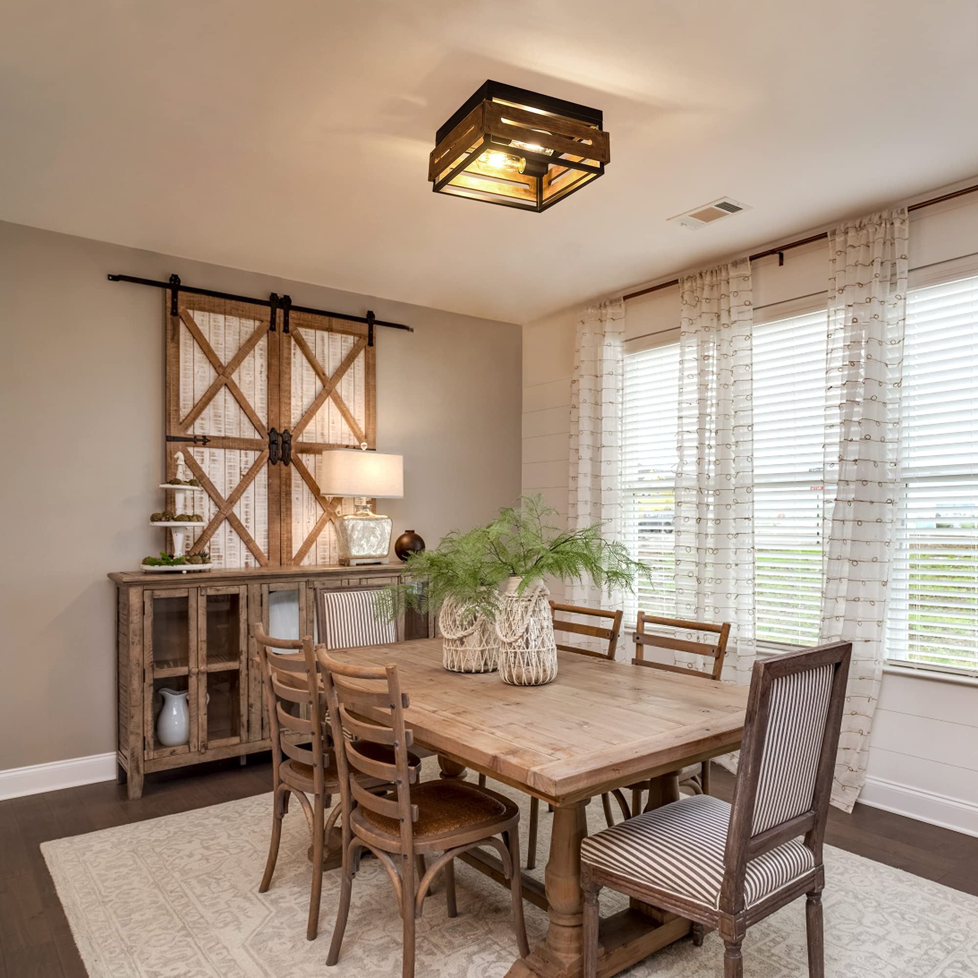 Mayful Flush Mount Ceiling Light, Rustic Ceiling Light Fixture With Black Metal And Wood Design, 2-Light Farmhouse Light Fixture