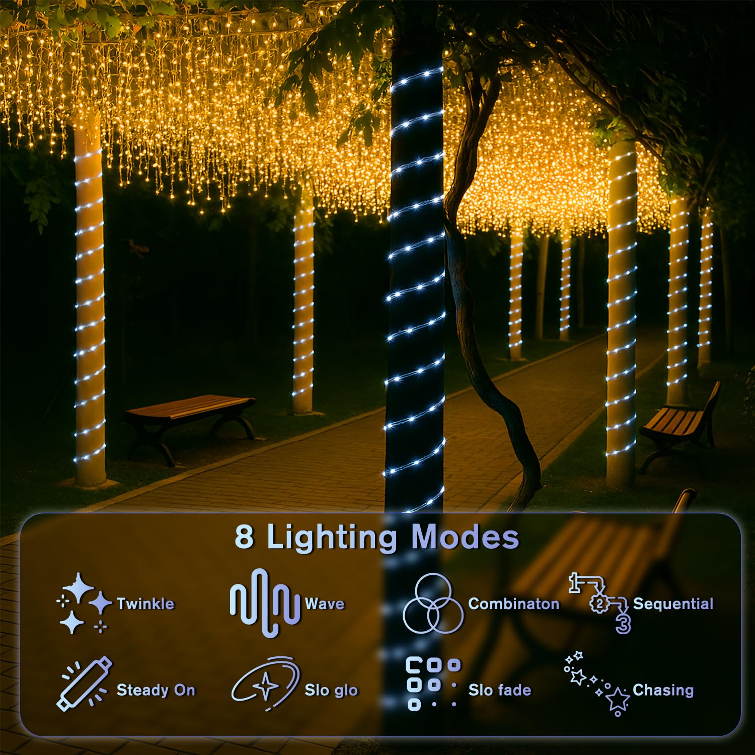 ANJAYLIA 33FT Solar Rope Lights, 100 LED Waterproof String Lights, Cool White, 8 Modes for Outdoor, Patio, Garden, Holiday Décor
