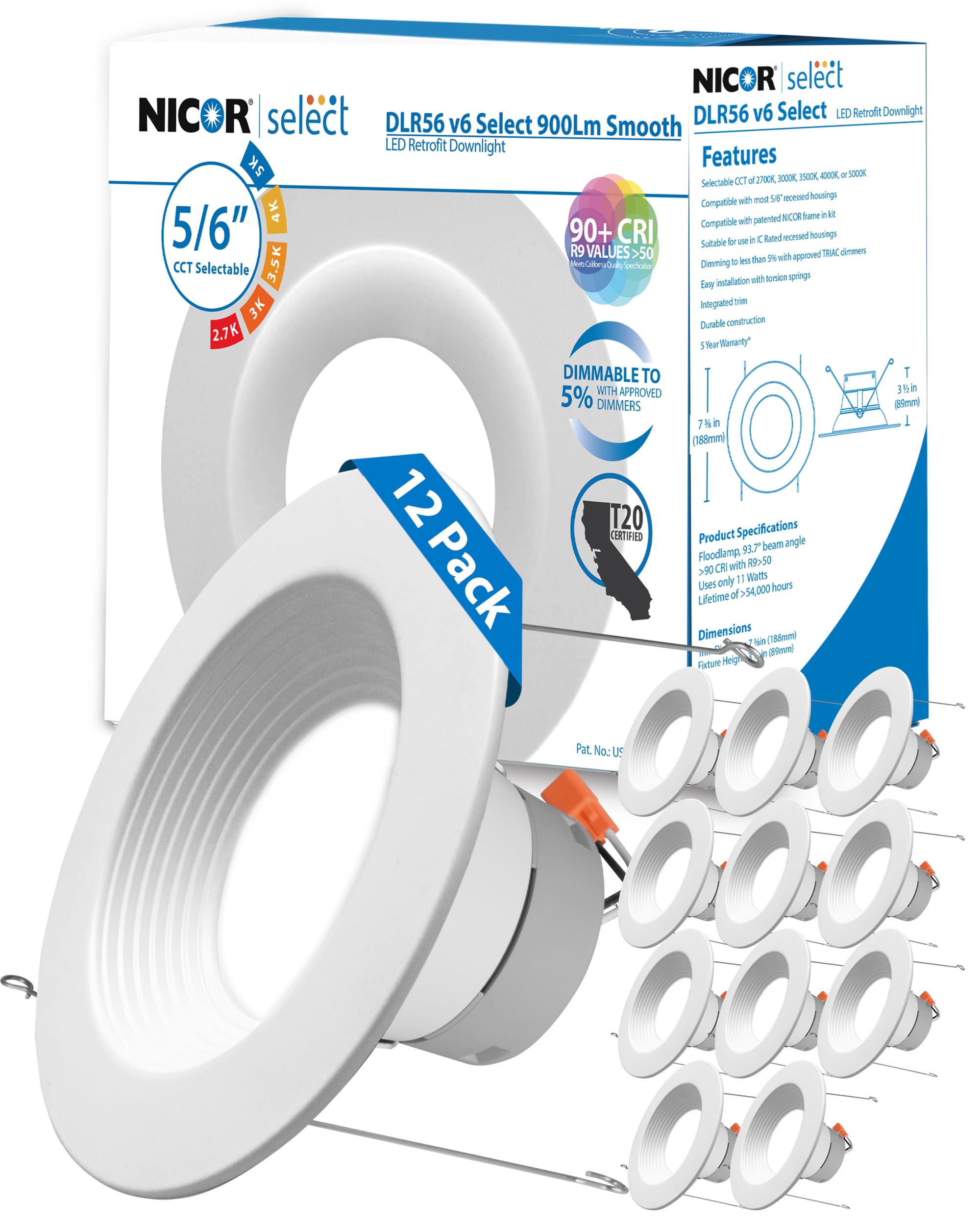 Nicor Lighting Recessed Ceiling Lights Led Downlight - 5/6 Inch Led Recessed Light Fixtures - Selectable Cct 2700K-5000K  918 Lumens  10.3W - Dlr56 Led Retrofit Ceiling Light  White Baffle  12-Pk