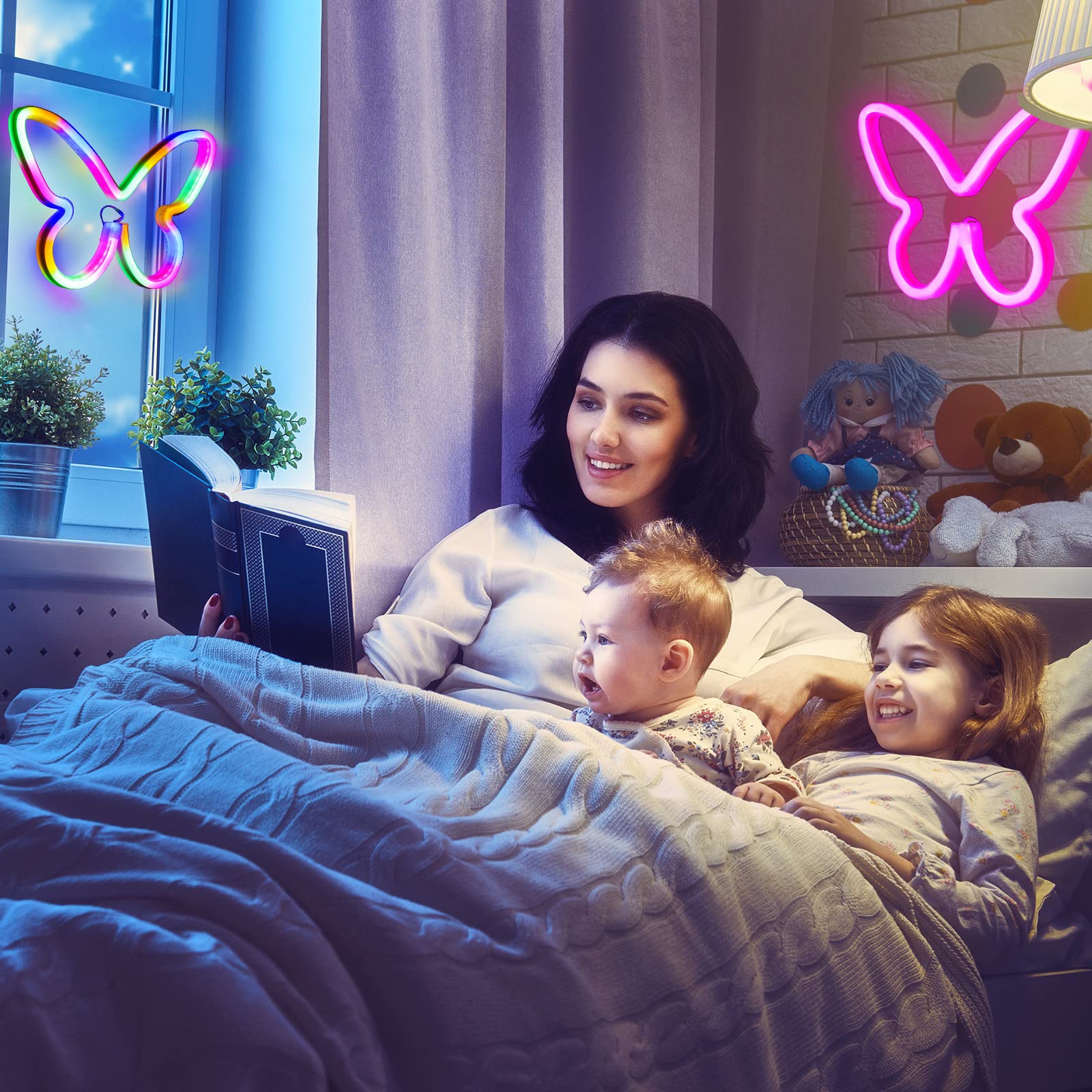 Riakrum Butterfly Neon LED Light Decor - 2 Pcs, USB Powered, Pink & Colorful, Model: Riakrum-Butterfly LED Light-781